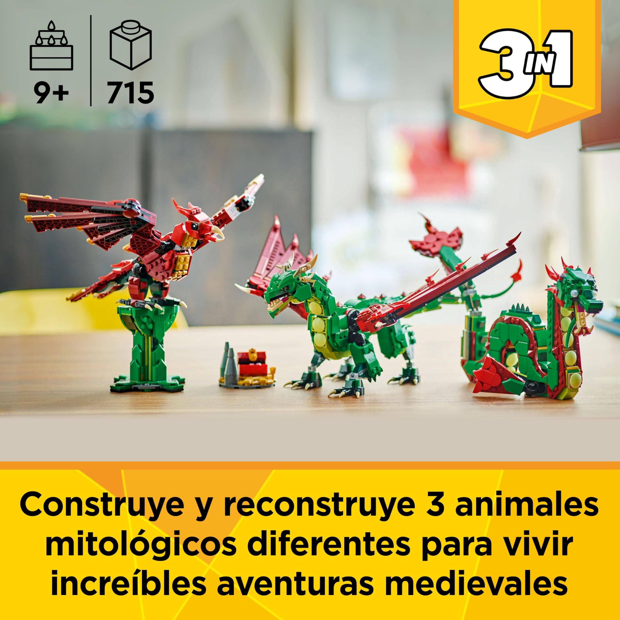 LEGO Creator 3 en 1 Dragón Medieval Transformable en Ave Fénix o Serpiente Marina, Animales de Juguete, Figuras Articuladas, Regalo de Cumpleaños para Niños y Niñas de 9 Años o Más 31161