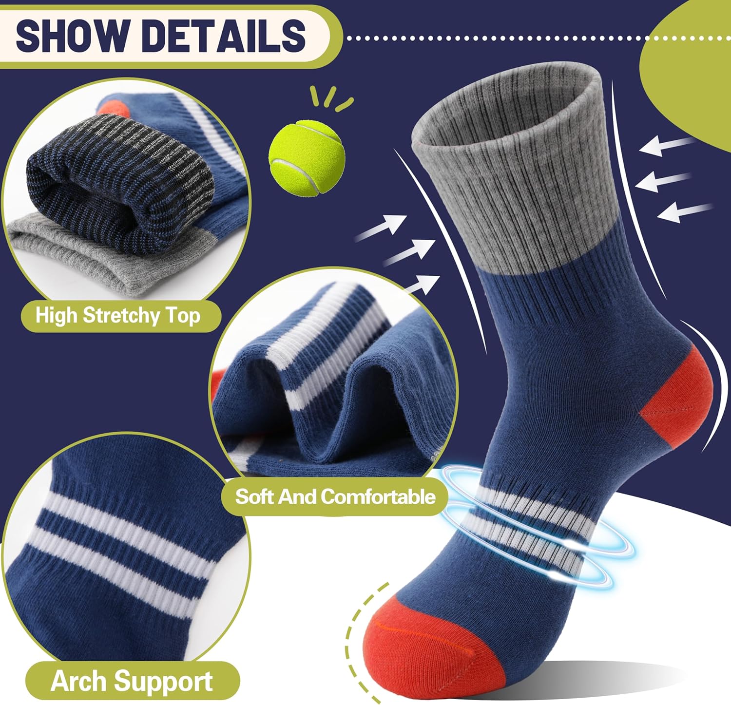 EBMORE 6 Pairs Kids Boys Socks Athletic Basketball Sport Breathable Crew Soft Cotton Youth Socks for Outdoor - Image 4