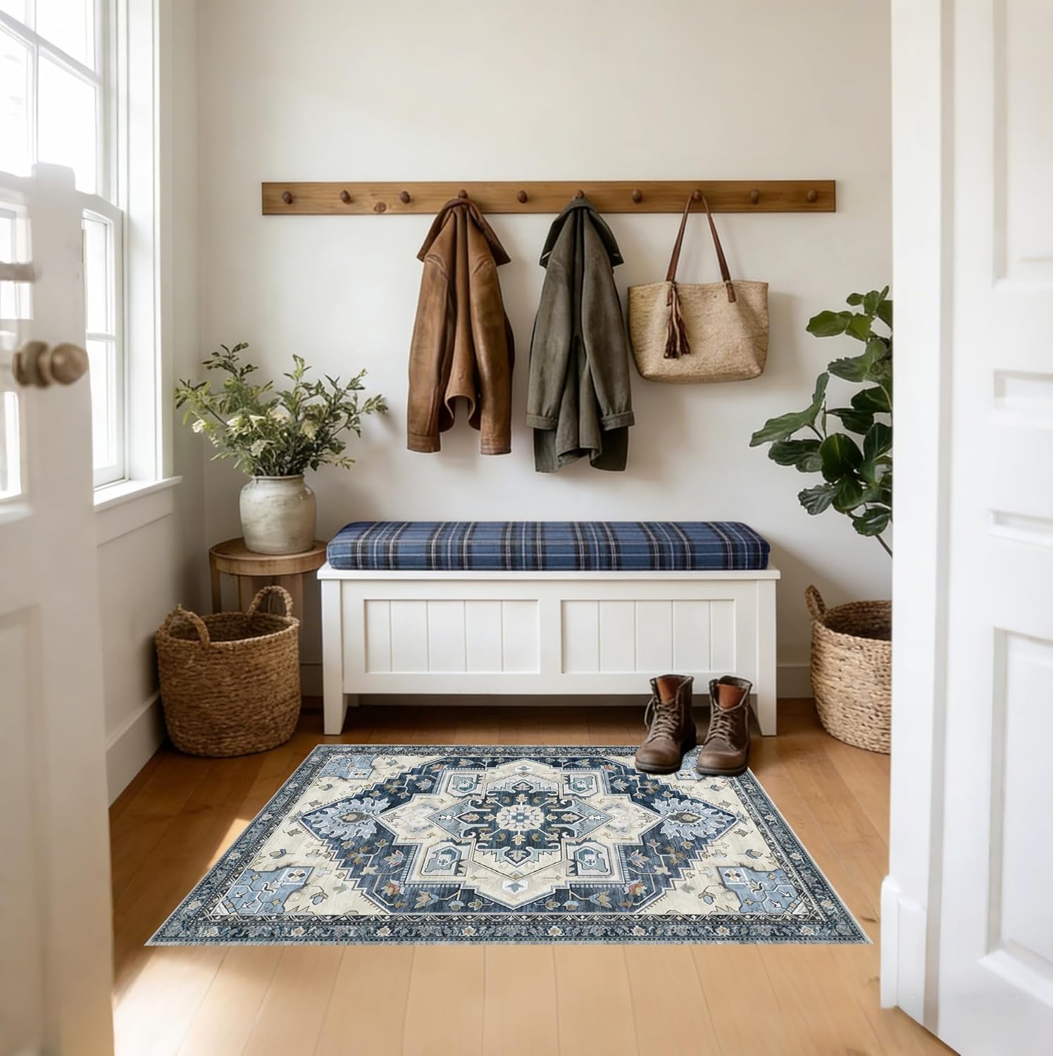 3x5 Area Rug Washable Rug Large Non Slip Entryway Rug Indoor Door Mat, Blue Floral Vintage Print Carpet 3x5 Rugs for Entryway Bedroom Bathroom Kitchen Office Living Room