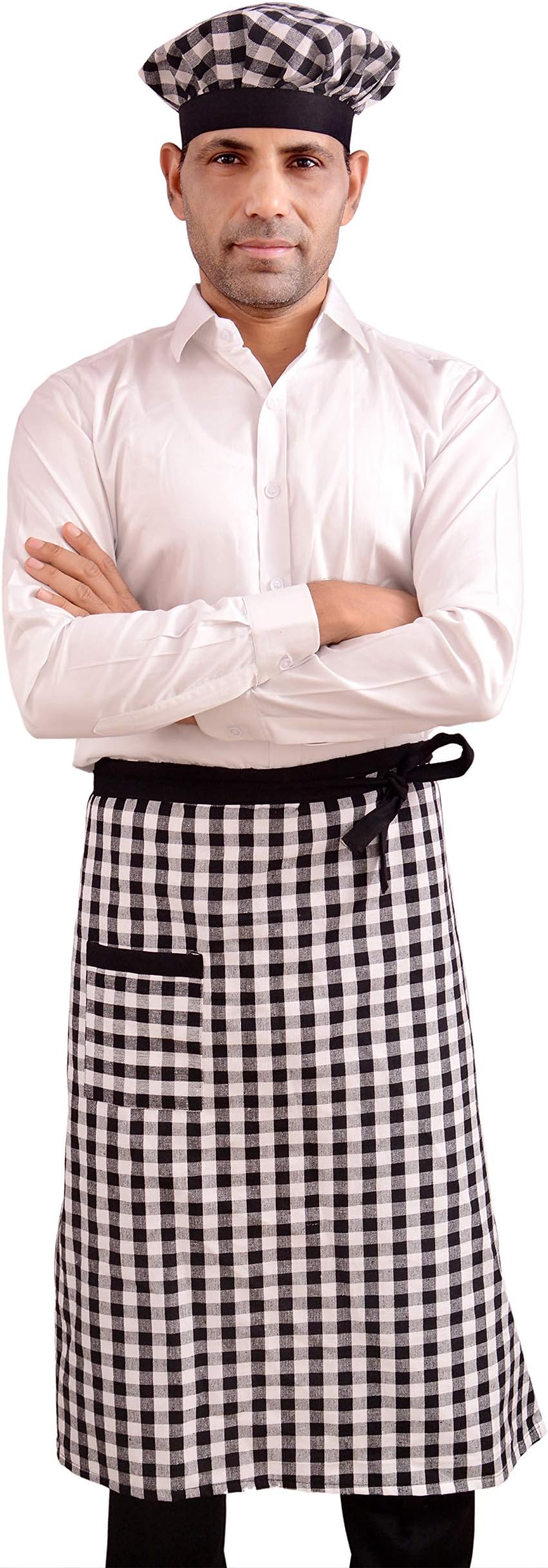Cotton Checkered Waist Apron with Pocket & Cap – Free Size | Multi-Purpose Chef & Waiter Apron for Home, Hotels, Restaurants & Cafés | Proudly Made in India