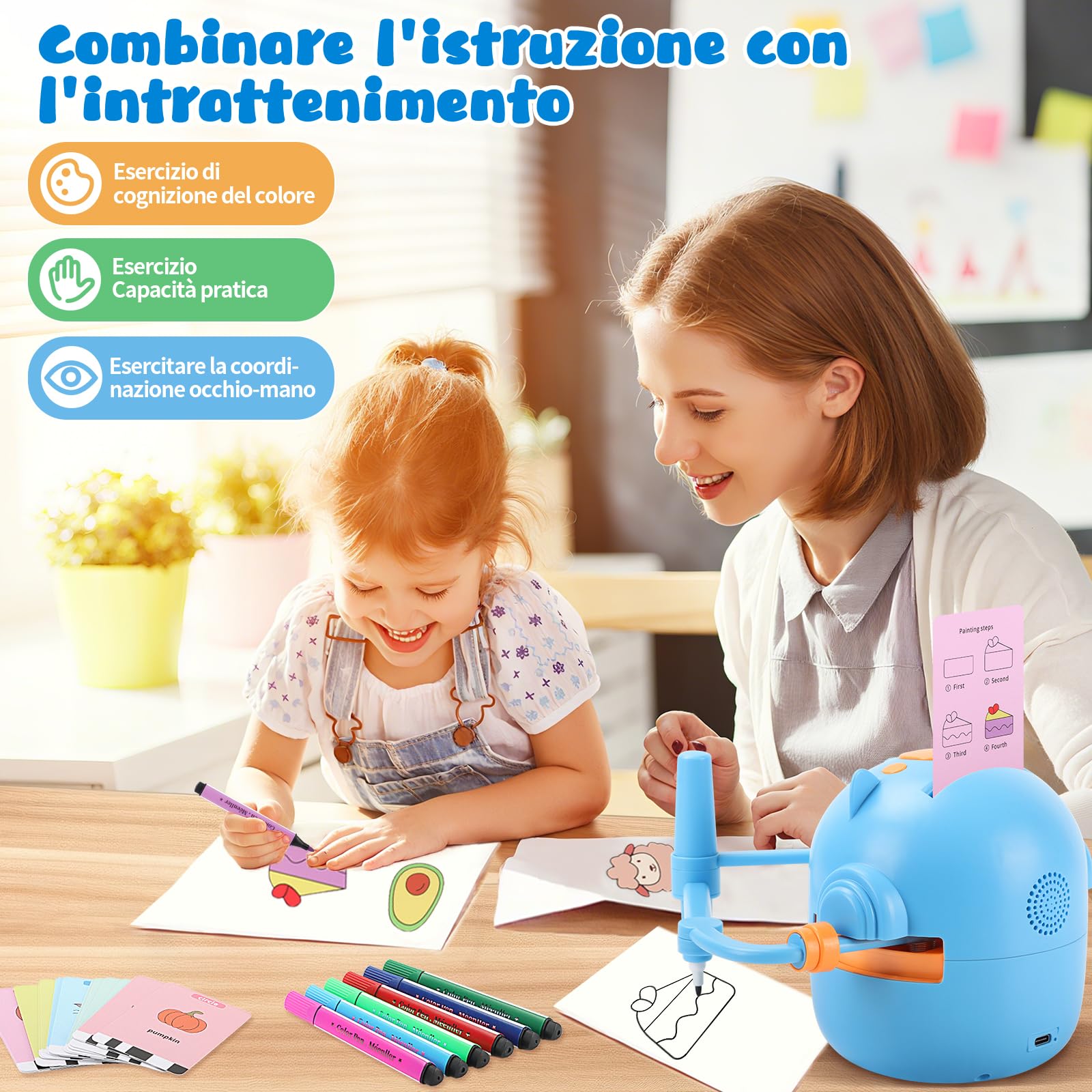 Charmofun Robot che Disegna per Bambini, Robot Disegno Bambini con 100 Cartoline, Robottino Giocattolo per Apprendimento Precoce, Robots Interattivo Vocale per Bambino Bambina dai 3 Anni in su (Blu)