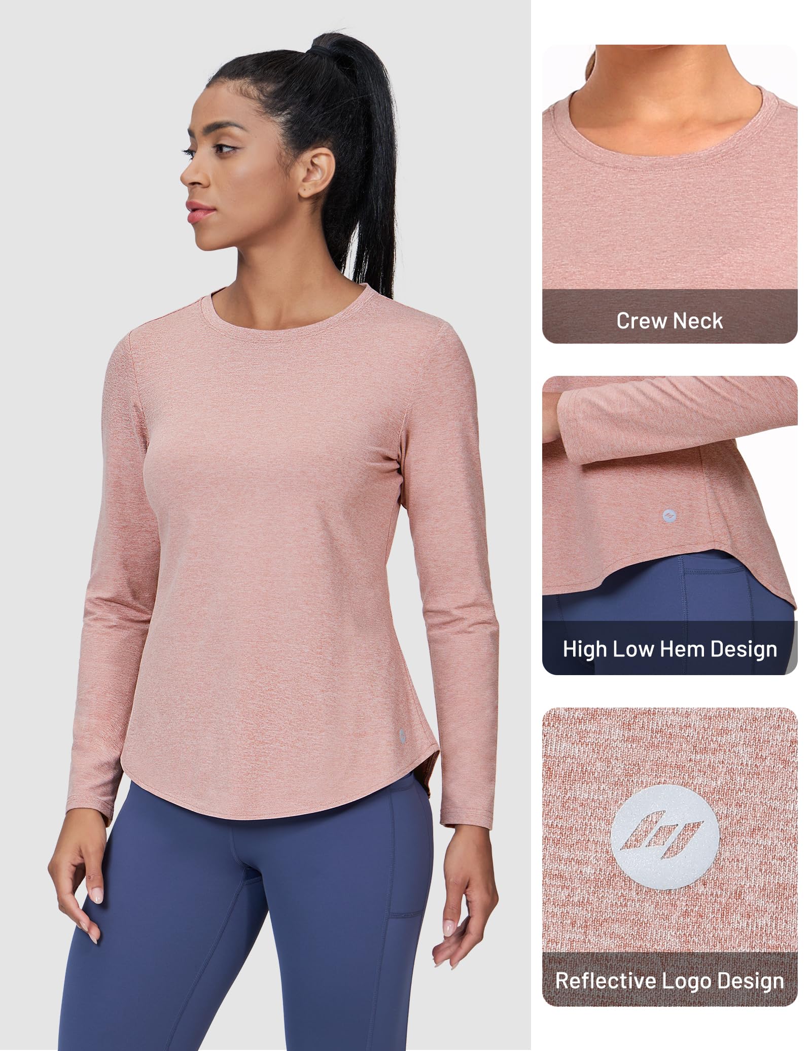 MIER Womens Long Sleeve Workout Shirts Athletic Gym Soft Breathable Tops Yoga Running Dry Fit Tshirts, Heather Pink, M