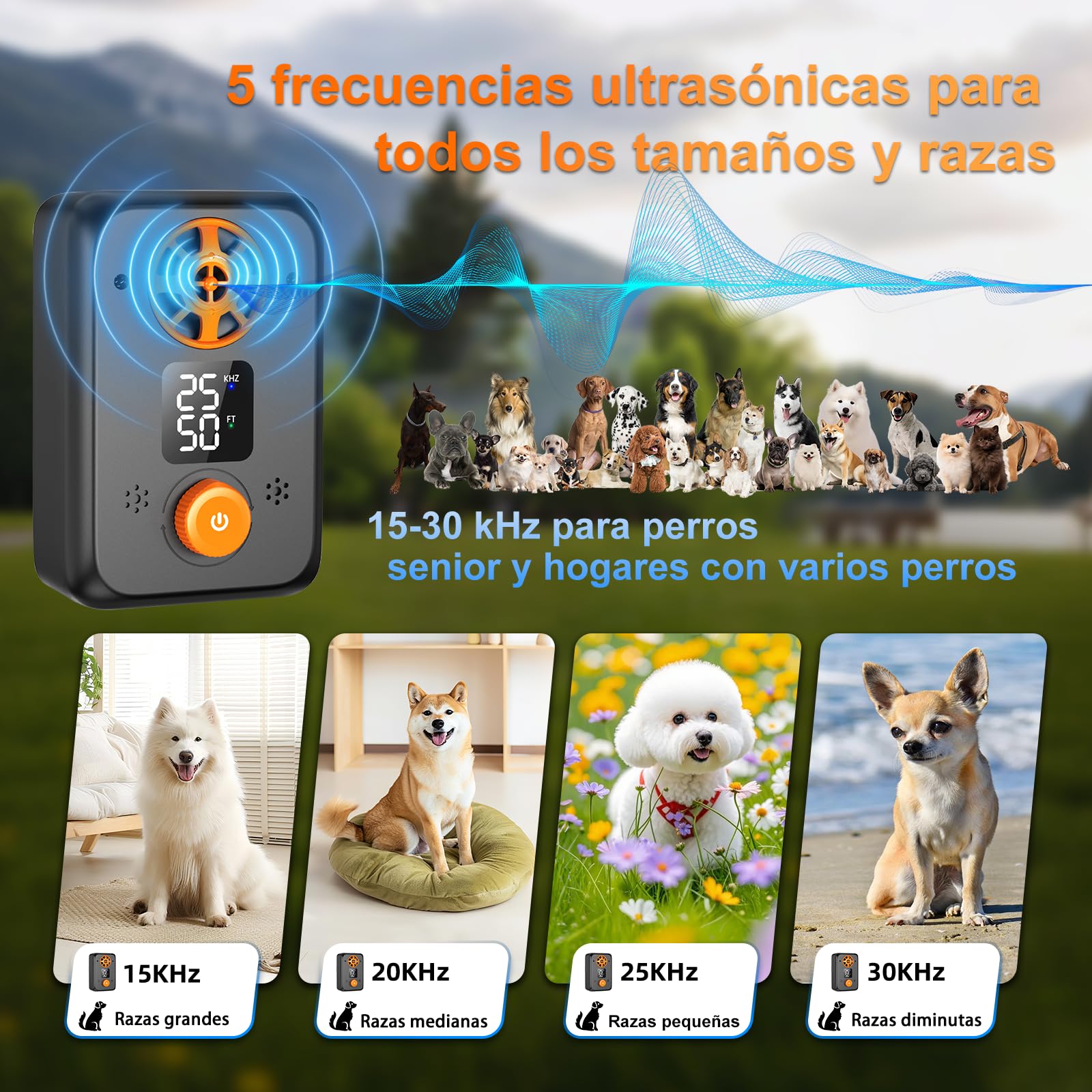 Antiladridos para Perros Ultrasonidos - Dispositivo Repelente con 5 Frecuencias, 3 Modos y Auto Detención Efectivo para Interior y Exterior