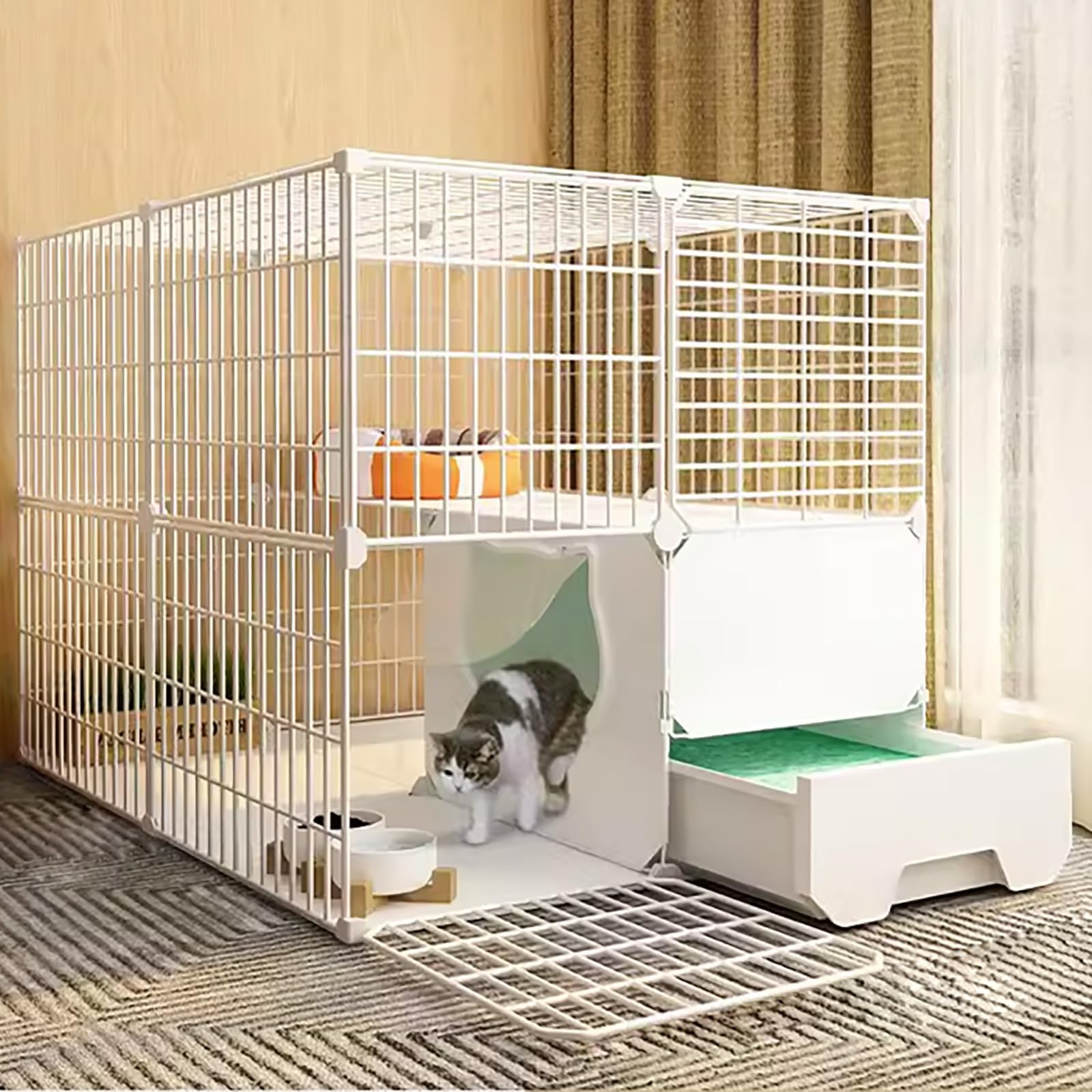 Cage métallique tout-en-un pour chat avec bac à litière et espace de jeu