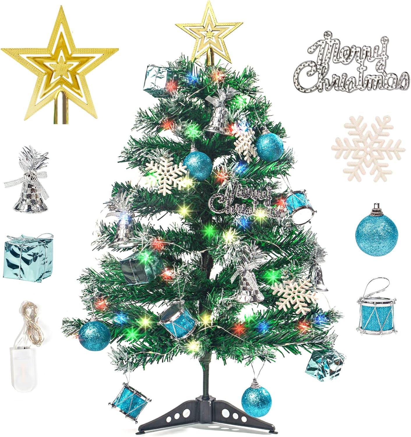 3 otters 24 Inch Artificial Mini Christmas Tree with 26 Lights, Lighted