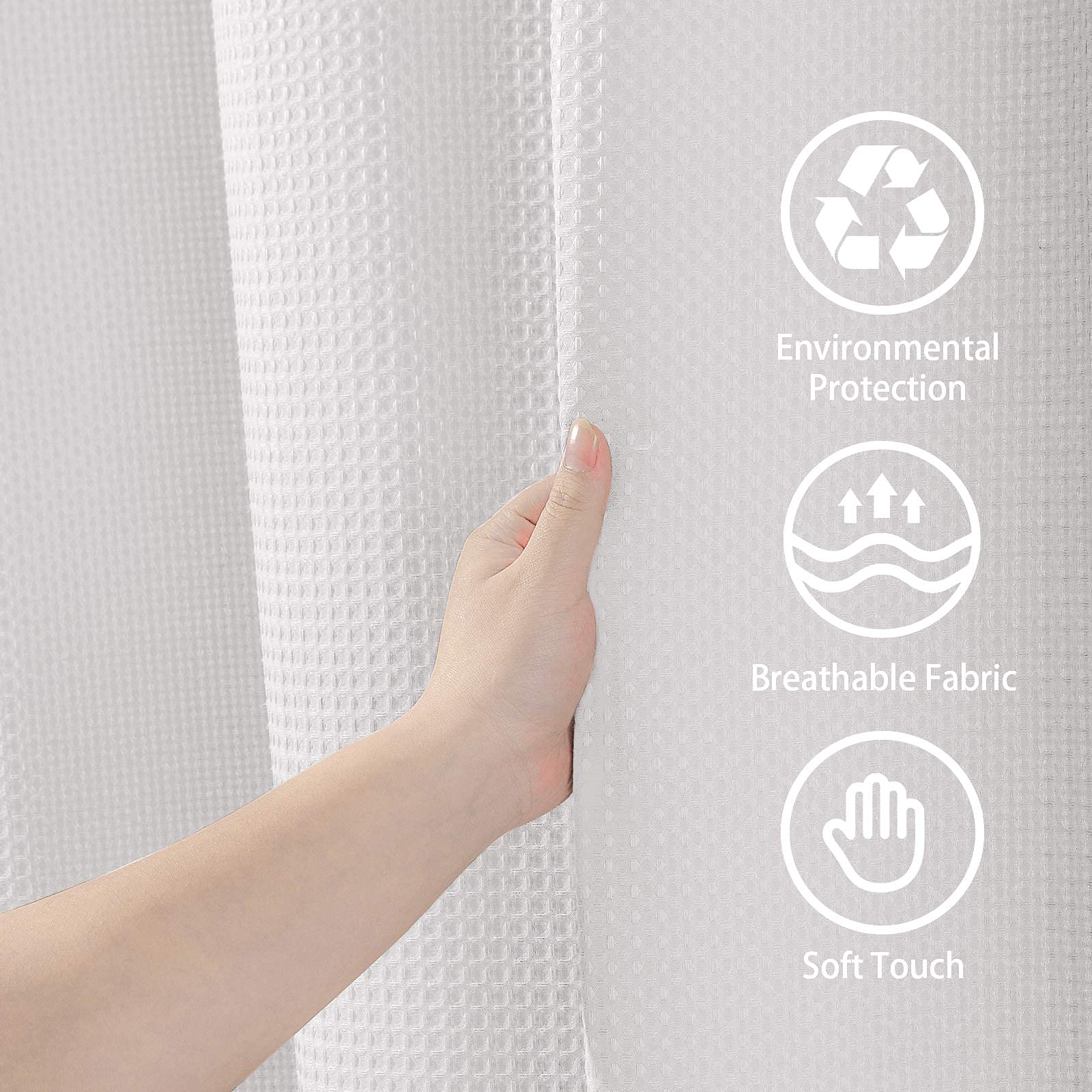 VANZAVANZU Rideau de Douche Motif Gaufre avec Anneaux en Métal Imperméable Anti-Moisissures Polyester Tissu Rideau Salle de Bain Lourd pour Baignoire Cabine de Douche - 182x214CM (Blanc)