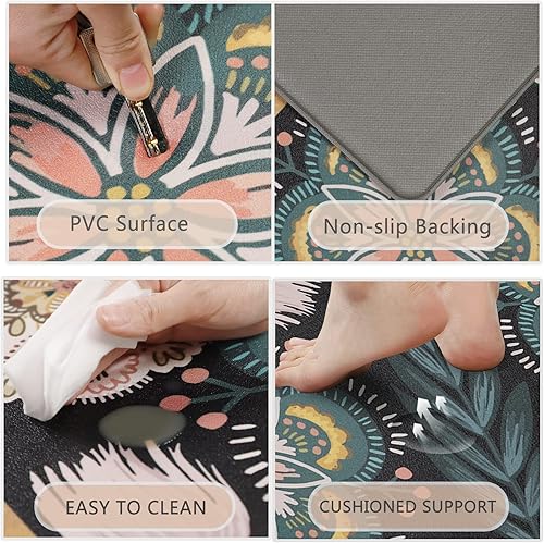 Miniatura 4 de Homcomoda Juego de 2 tapetes de cocina con diseño floral bohemio, acolchados, antifatiga, antideslizantes, de PVC, impermeables, cómodas