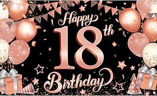 KatchOn Rose Gold Happy 18th Birthday Banner - Large, 72x44 Inch | Rose Gold and Black 18th Birthday Decorations for Girls, Pink Happy 18th Birthday Backdrop, Rose Gold 18th Birthday Party Decorations
