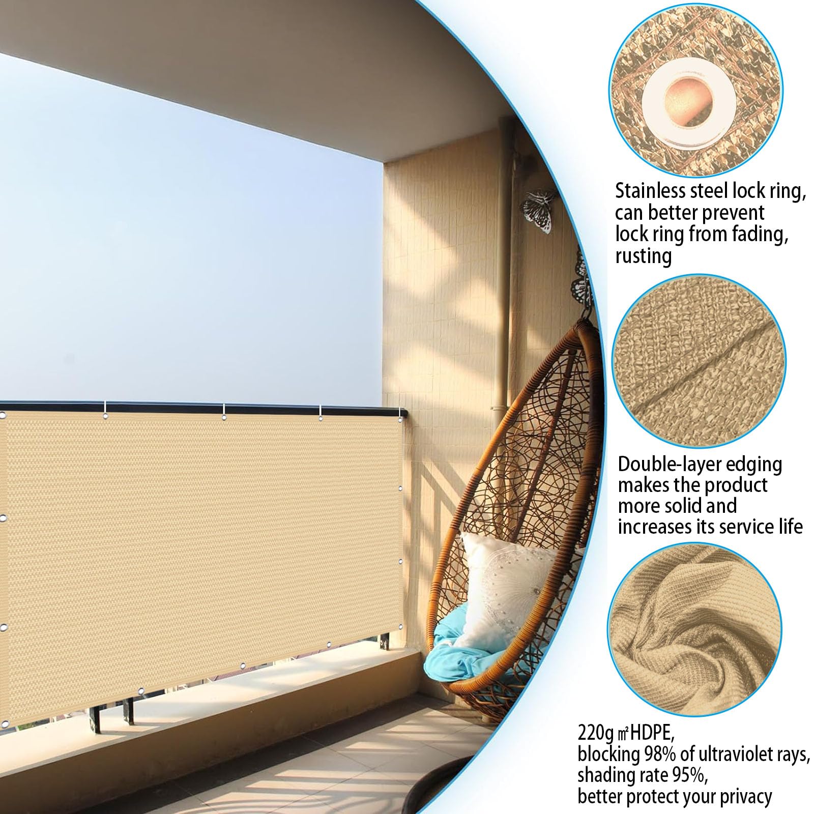 Ekran Prywatności Na Balkon 95 x 100 cm Ochrona Przed Promieniowaniem UV Odporna Na Warunki Atmosferyczne Ekran Ogrodzenia Na Balkon I Patio Do Balkonu I Patio, Piaskowy żółty
