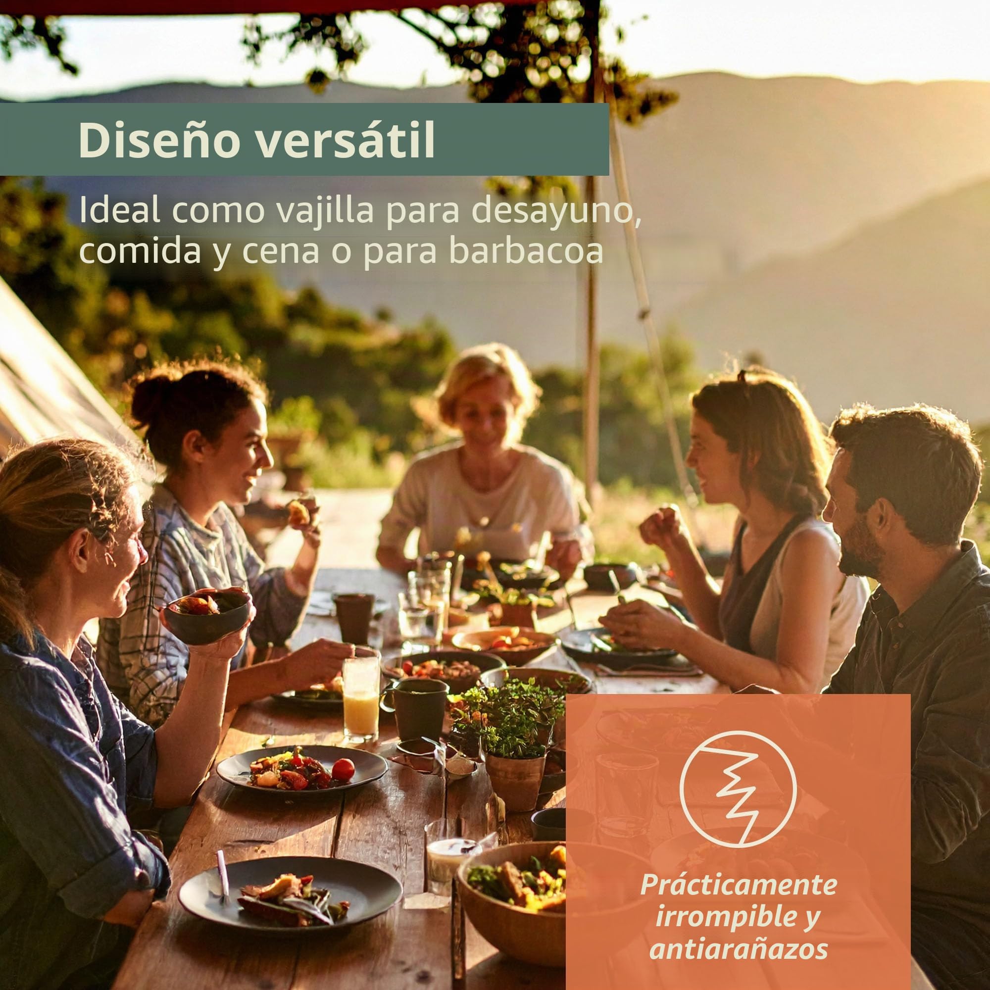 Moritz Vajilla de melamina para camping para 4 personas, 12 piezas, apta para lavavajillas, vajilla de pícnic, vajilla de camping, diseño de piedra verde