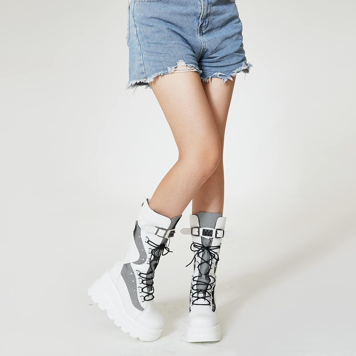 Tscoyuki Womens Goth Platform Boots Chunky Wedge Heel Rave Combat Boots Lace Up and Zipper Round Toe Mid Calf Boot for Concert Festival - Image 6