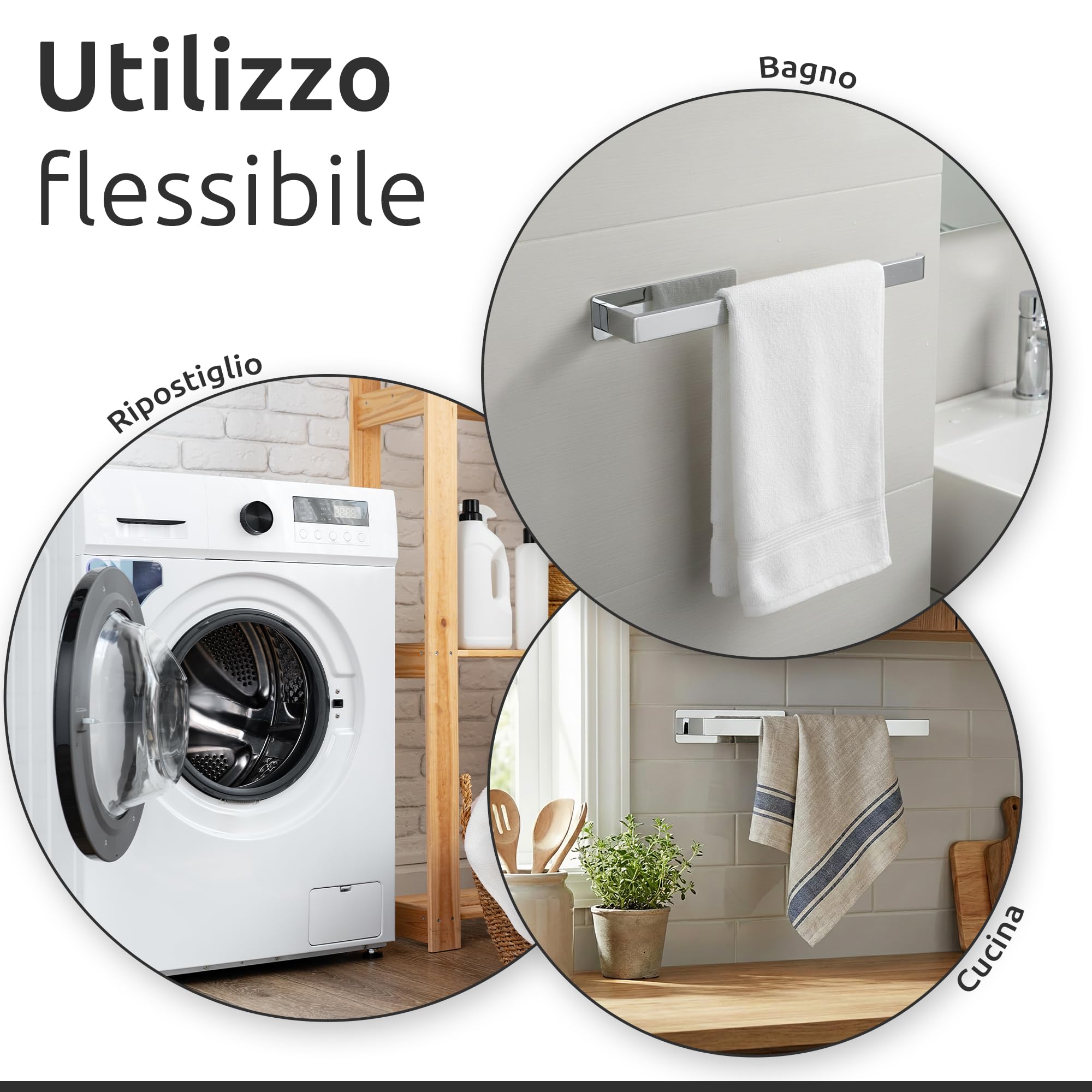ECENCE Porta Asciugamani Bagno Adesivo 3M cromo senza Foratura 38cm - Portasciugamani Moderna in Acciaio Inox 304, Antiruggine per Bidet, Cucina e WC Ospiti