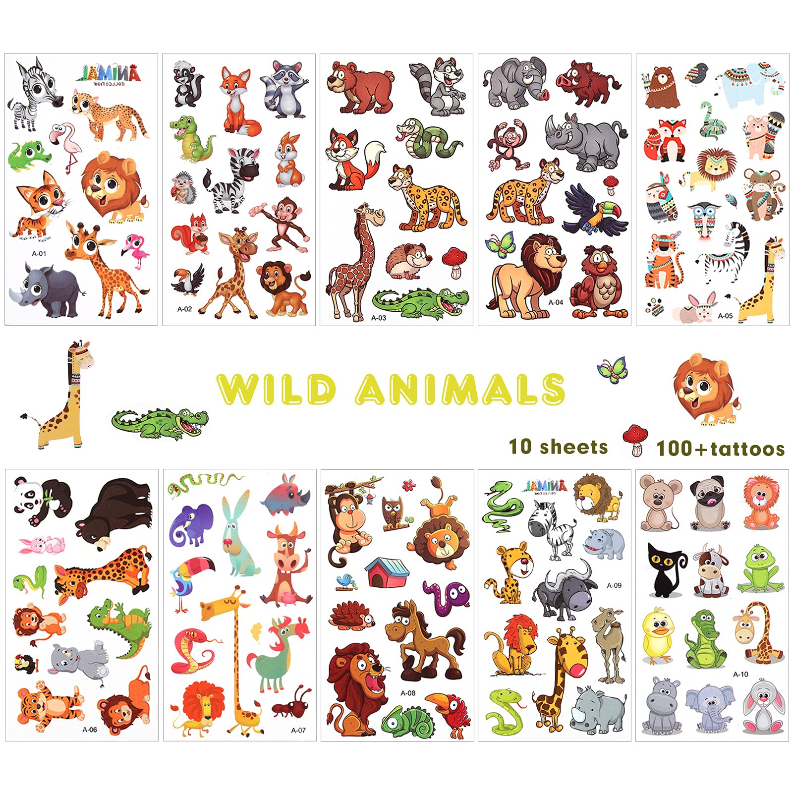 Buy 10 Sheets Wild Animal Temporary for Kids, Over 100 Styles Jungle