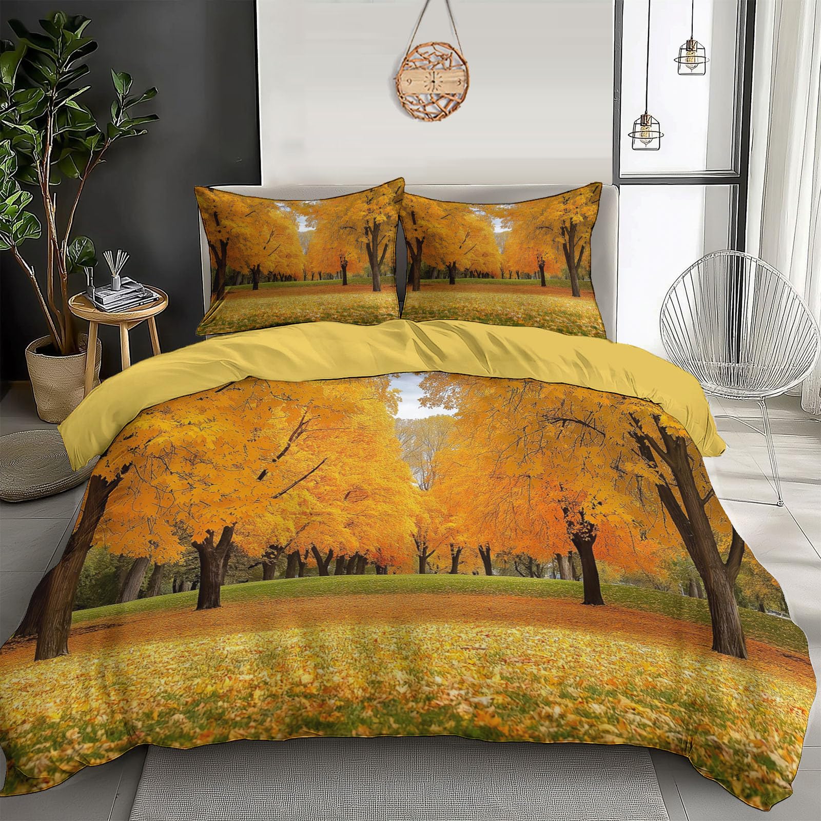 Parure de lit paysage d'automne jaune orangé pour une chambre adulte chaleureuse