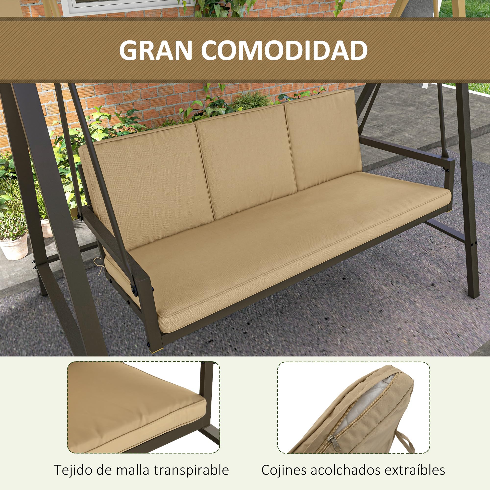 Outsunny Columpio de Jardín de 3 Plazas Balancín Exterior Jardín con Toldo Ajustable Cojines Extraíbles y Estructura de Acero Carga 360 kg 200x125x175 cm Beige