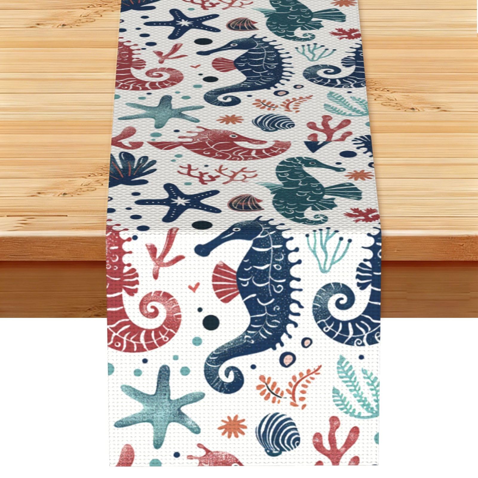 Chemin de table hippocampe marin en imitation lin 33x183 cm pour déco de fête