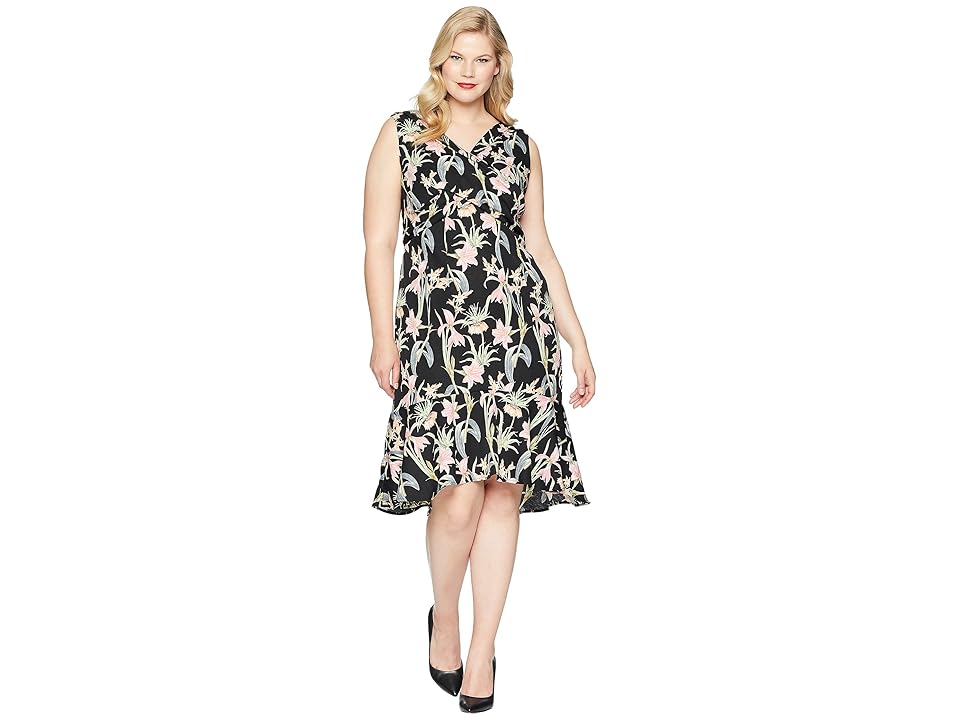 

Unique Vintage Plus Size Gloria Wiggle Dress (Black/Pink Floral) Women's Dress