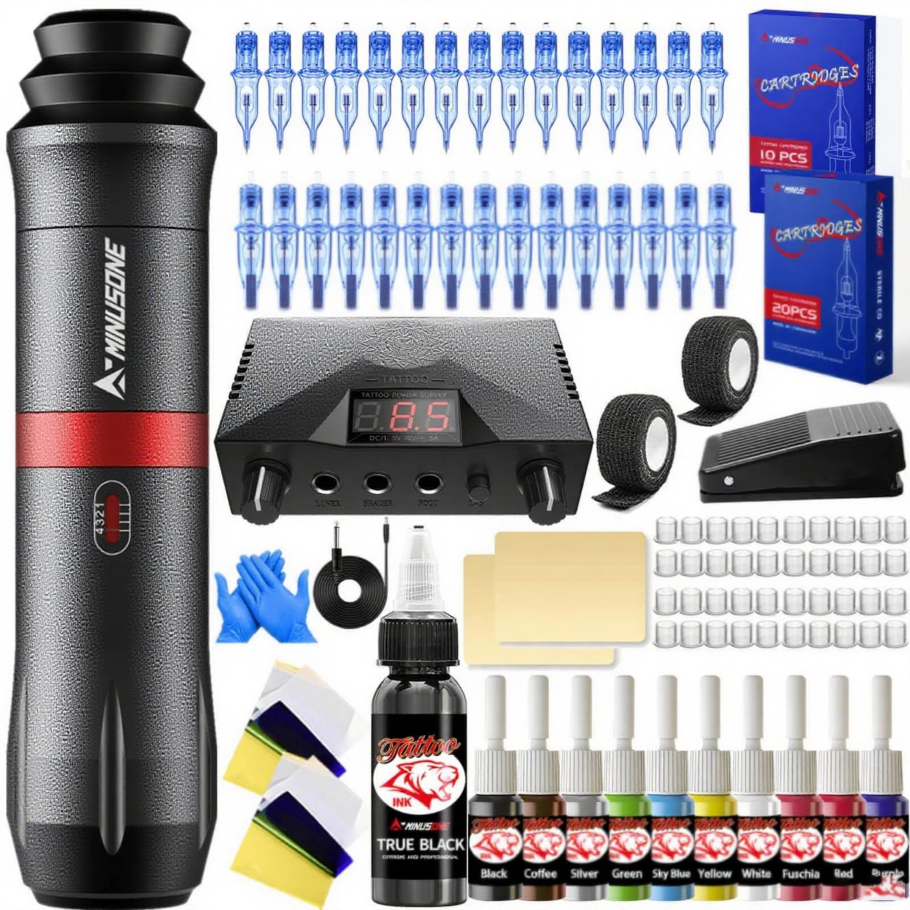 A-minusone Rotary Tattoo Pen Kit for Beginners with 30Pcs Tattoo Cartridges Needles and 10 Color Tattoo Inks Tattoo Power Supply Black Pro Tattoo Pen, 1 Count