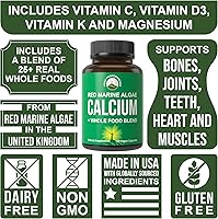 Vista 3 de Plant Based Calcium - Red Marine Algae Calcium Supplement with Vitamin C, D3, K, Magnesium, and Whole Food Vegetable Blend. Vegan Capsules for Bones