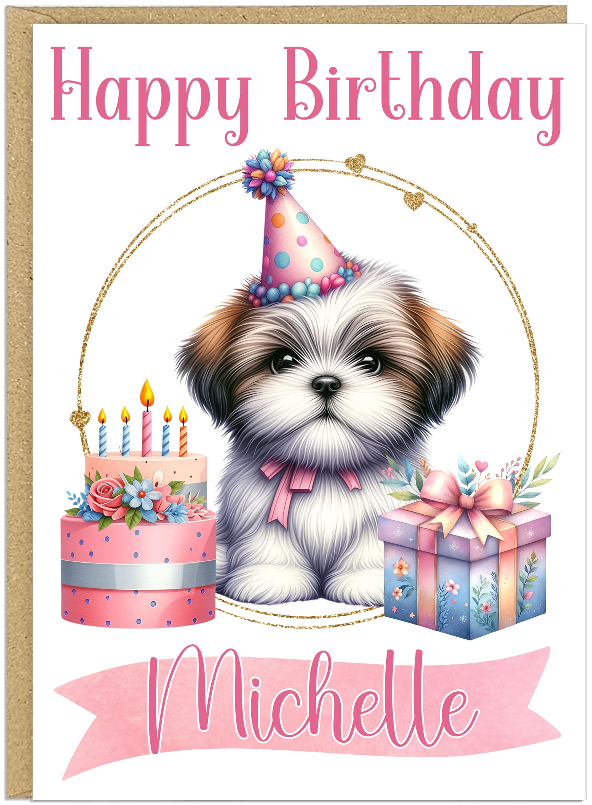 Personalised Happy Birthday Doggy Card For Her - Custom Own Family Friend Name Cute Puppy Dog Breed Design - Dog Lover Birthday Greeting Cards for Mum Grandma Nanna Friend (Shih Tzu)
