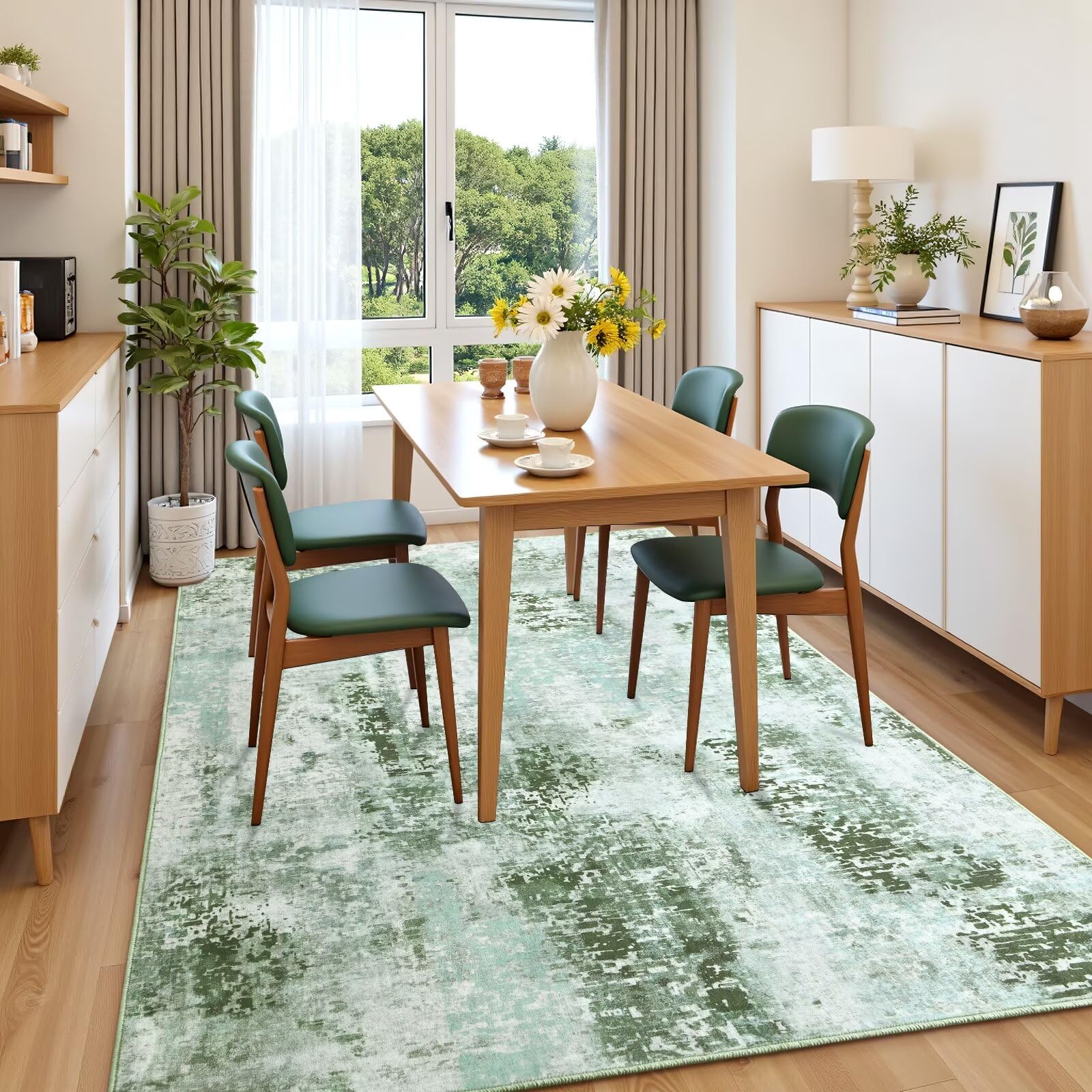 Macgace Moderner abstrakter Teppich für Wohnzimmer, 120 x 150 cm, maschinenwaschbar, mit rutschfester Unterseite für Schlafzimmer, weicher Bodenbelag, moderner Teppich für Esszimmer, Heimbüro, Grün