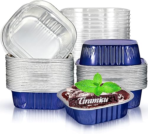 Geiserailie 40 juegos de moldes cuadrados de papel de aluminio para tartas de 4.4 fl oz4.4 onzas, mini moldes para cupcakes con tapas, moldes