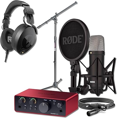 Miniatura 12 de Micrófono condensador Rode NT1 Signature Series con interfaz de audio USB Scarlett Solo de 4ª generación, soporte de micrófono con brazo On-Stage