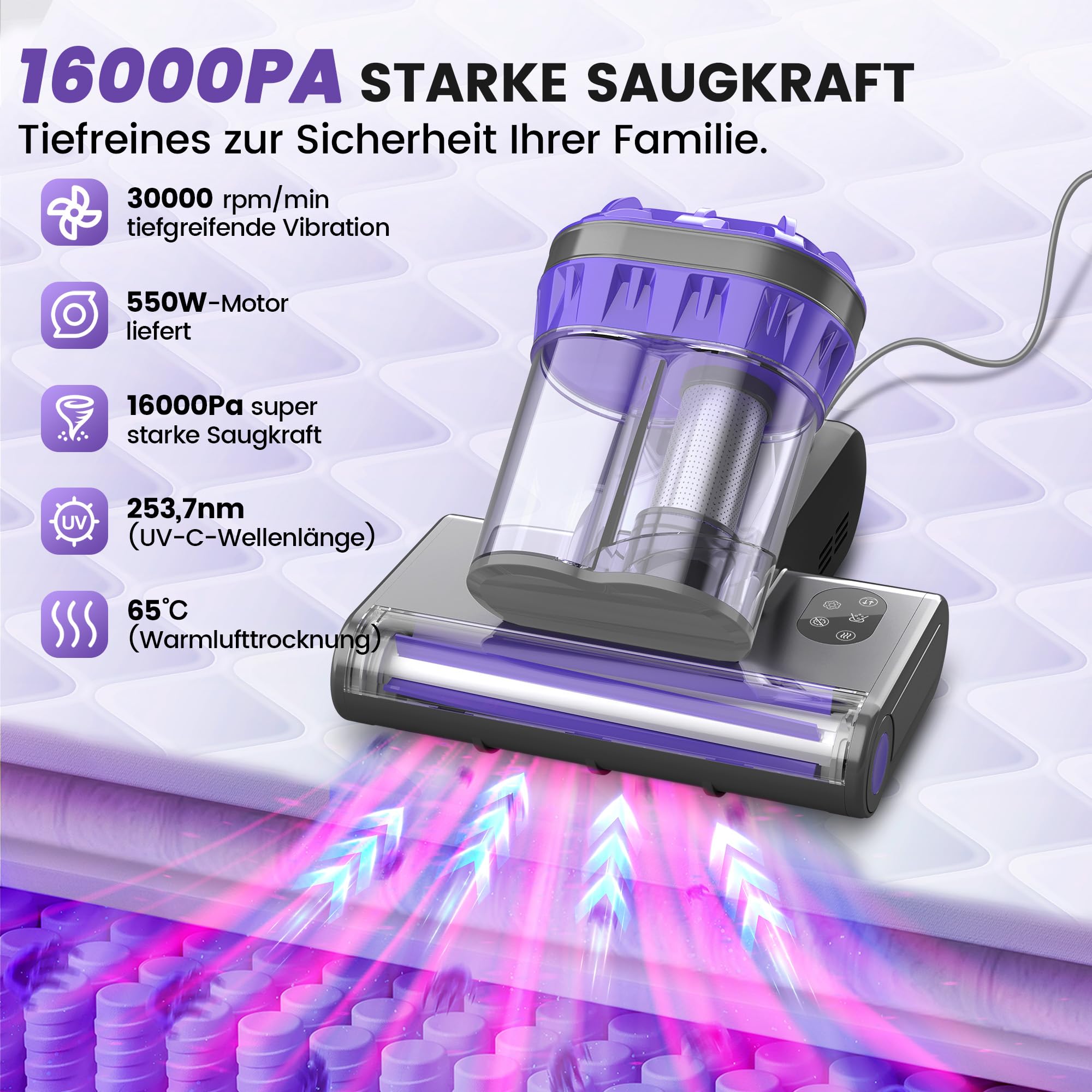 Milbenstaubsauger mit UV-Licht & Heißluft, 16Kpa Saugkraft, 550W, für Matratzen, Sofa, Teppiche