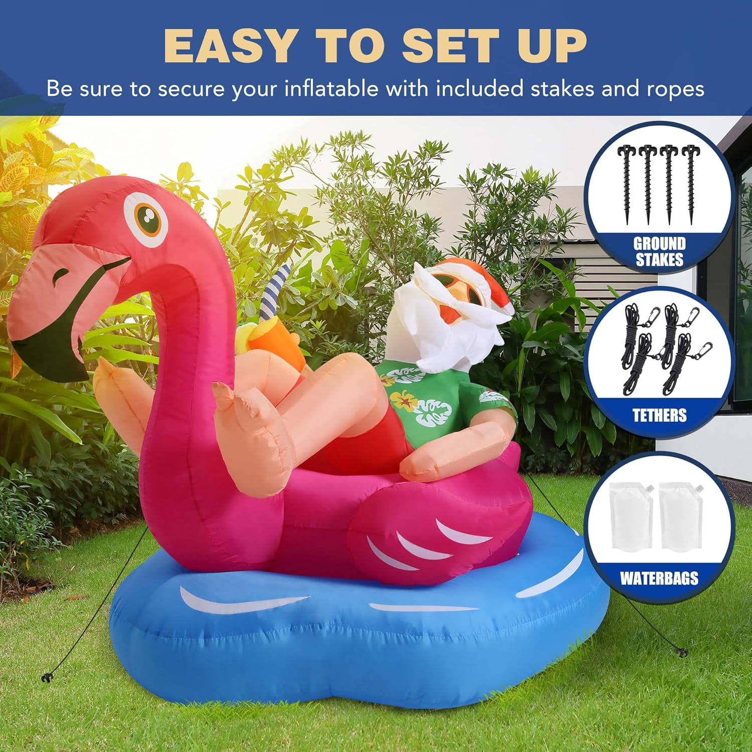 8 FT Hawaiian Santa on Flamingo Pool Float Christmas Inflatables Outdoor Decorations, Christmas Blow Up Santa Claus Yard Decorations for Garden Lawn Xmas Decor - Image 6