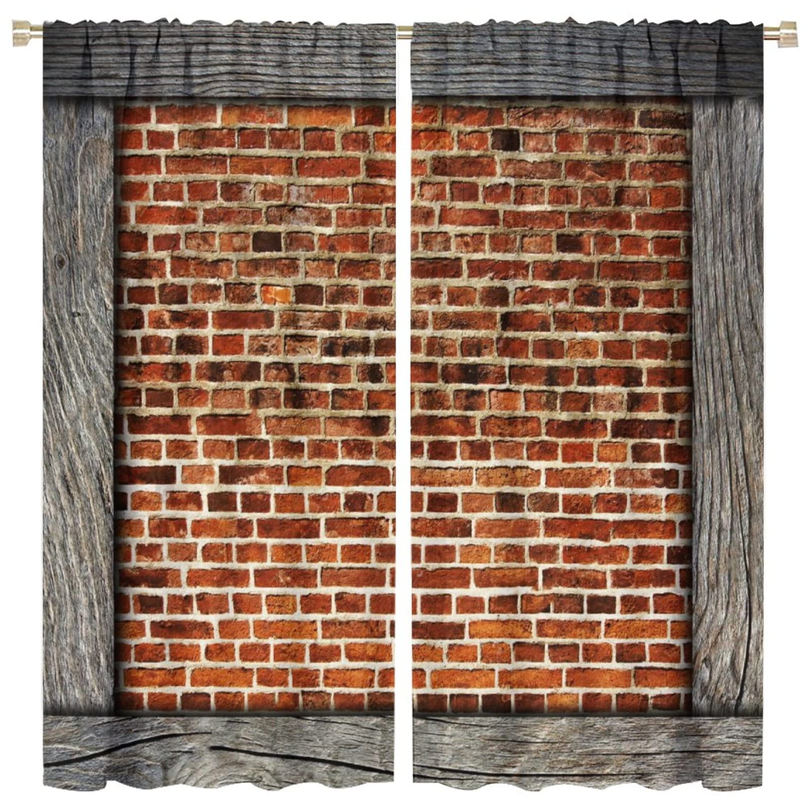 Brick Wall Blackout Window Curtains, Wood Frame Red Brick Wall Grunge Vintage Style Room Darkening Rod Pocket Curtains Windows Drapes for Bedroom