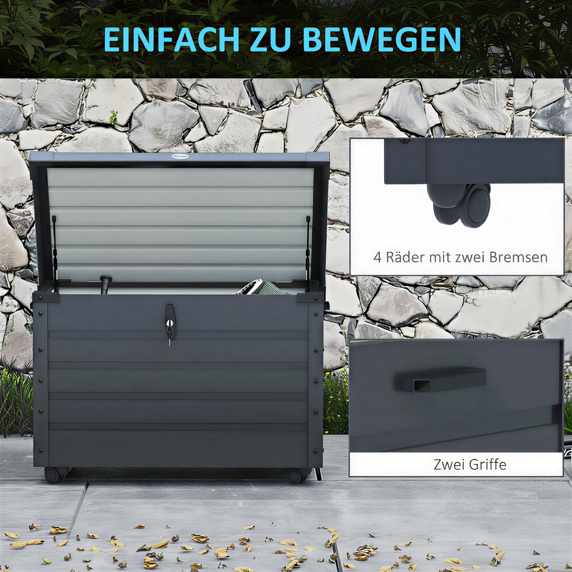 Outsunny Gartenbox Metall 295 Liter Wasserdicht 100 x 62cm Dunkelgrau | Abschließbar, Mit Griffen und Rollen, Auflagenbox, Gartentruhe, Outdoor Wetterfest, Für Balkon Garten, Kissenbox