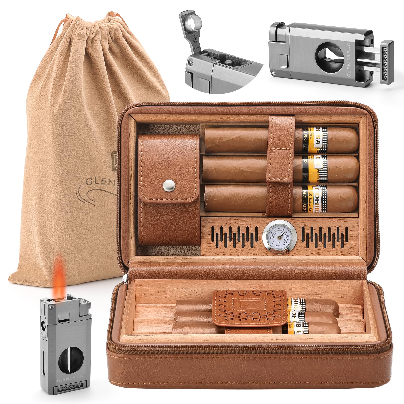 GLENCREAG Cave à cigares de voyage portable, étui à cigares en cuir de cèdre avec coupe-cigares V et briquet, hygromètre et humidificateur intégrés, sac de rangement en velours inclus