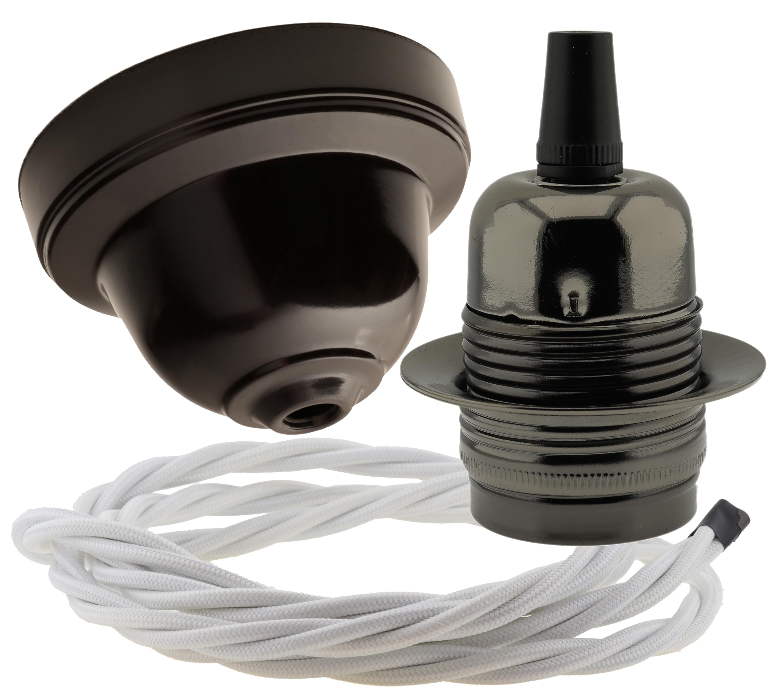 Repaireum Ltd. Vintage Styled Ceiling Pendant Kit incl. Black Bakelite Rose, Traditional E27 Lampholder in Antique Bras and 3 Core White Braided Twisted Flex