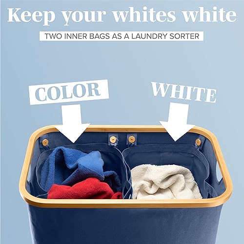 Miniatura 8 de Lonbet Cestas de lavandería grandes con tapa, 100 litros, azul, material de bambú, asas, plegables, portátiles