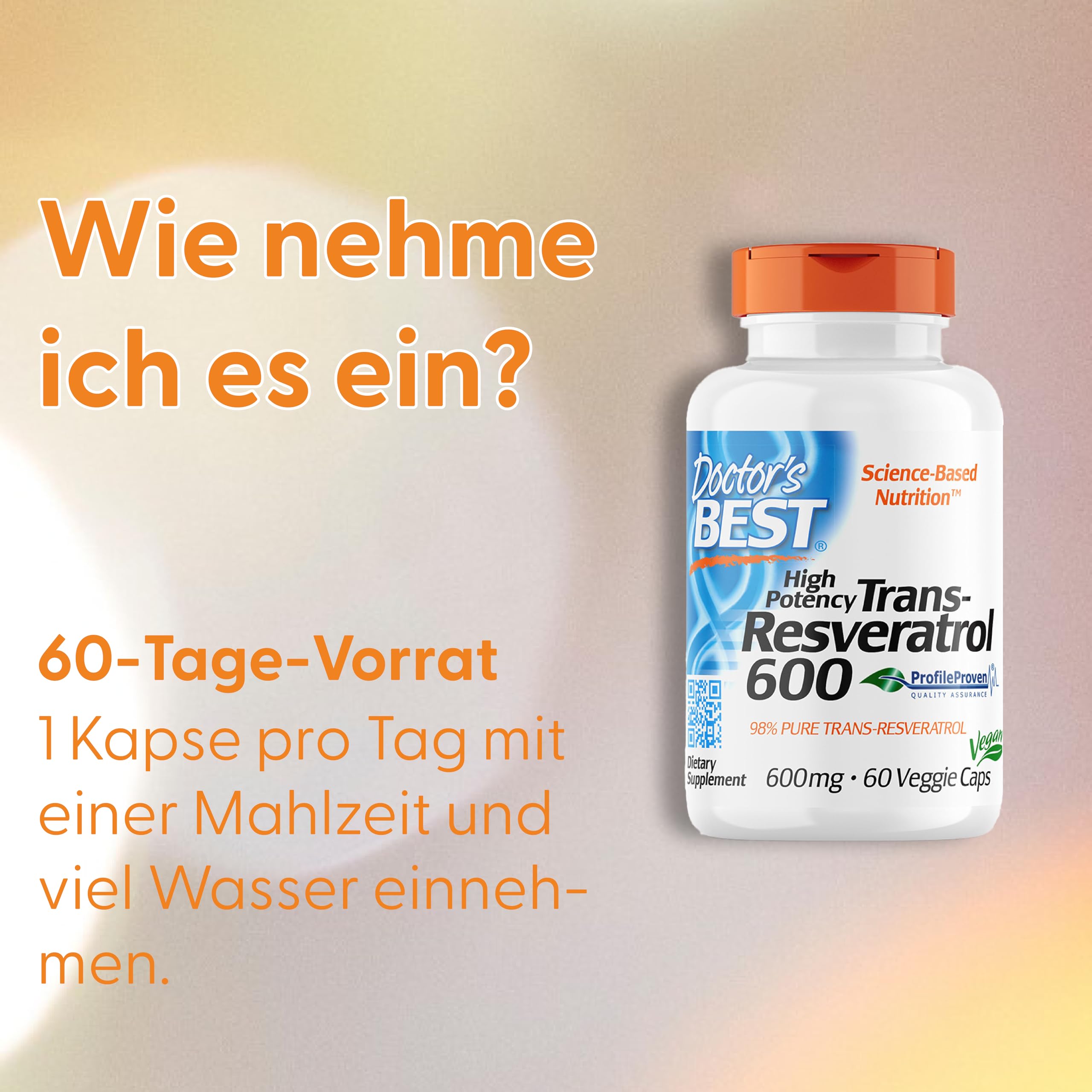 Doctor's Best, High Potency Trans-Resveratrol, 600mg, 60 vegane Kapseln, Laborgeprüft, Glutenfrei, Sojafrei, Vegetarisch