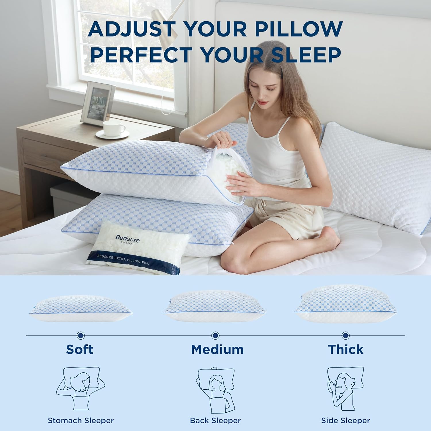 Bedsure Cooling Bed Pillows for Sleeping, Shredded Memory Foam King Pillows, Set of 2, Luxury Cover Made of Rayon Derived from Bamboo, Adjustable Firmness for Side, Back, Stomach, and Hot Sleepers - Image 4
