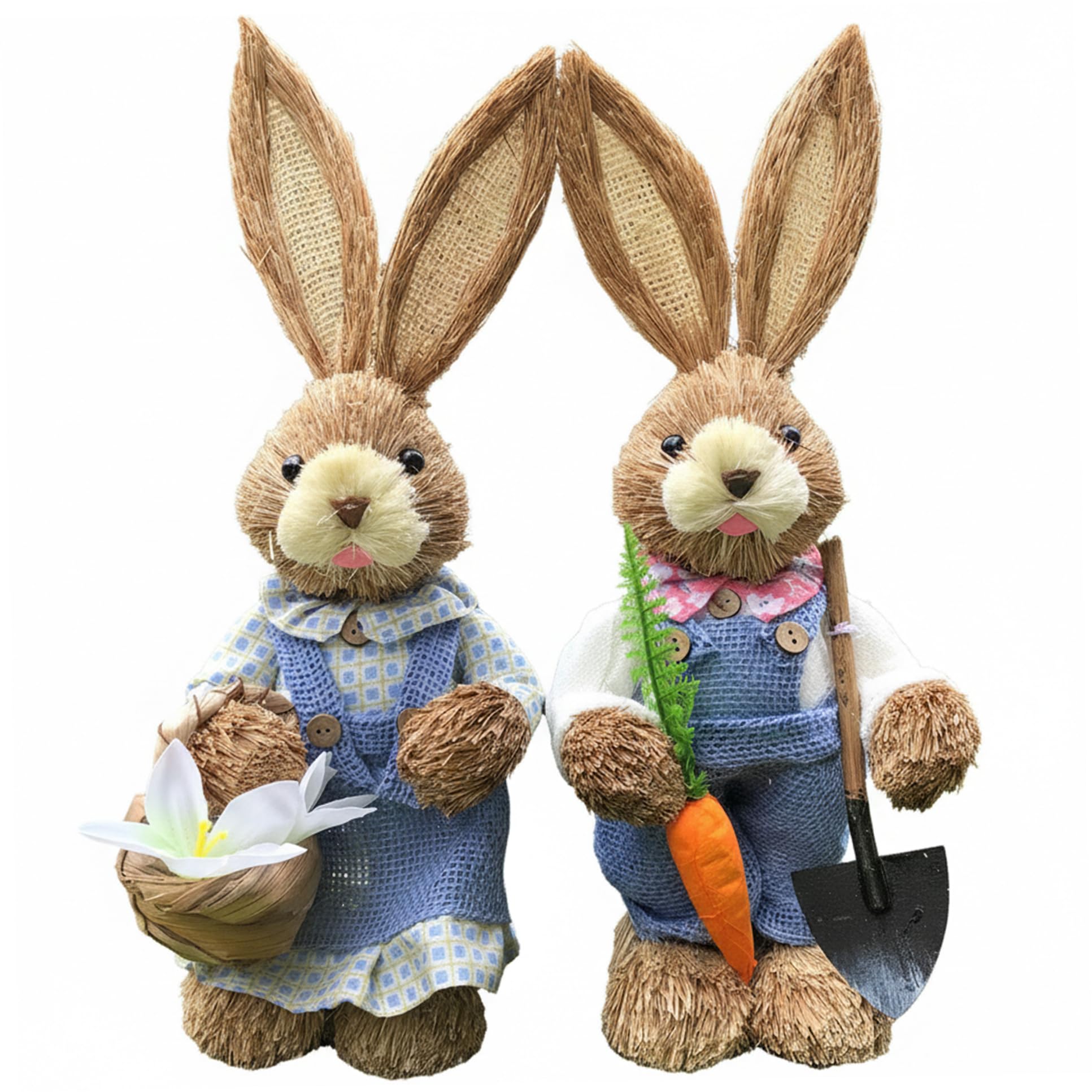 Jorzer Statuette di coniglietti pasquali, decorazioni per coniglietti in paglia blu per Pasqua, grandi decorazioni primaverili per la tavola di casa da 35 cm