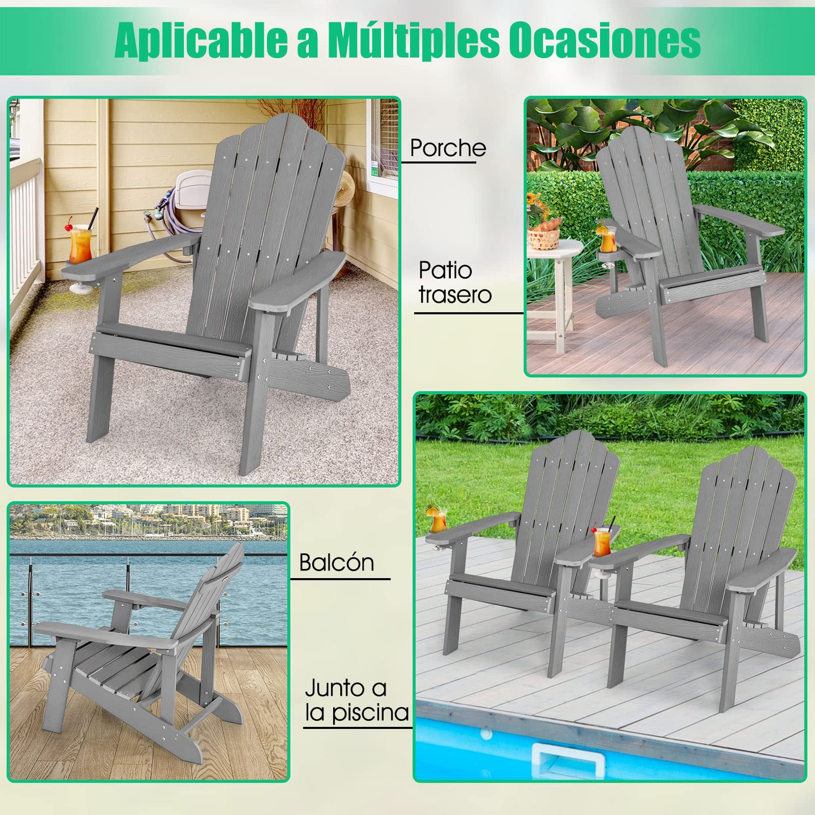 COSTWAY 2 Sillas Adirondack con Portavasos, Sillas para Hogueras, Resistente a la Intemperie, Grano de Madera Realista, Facíl de Montaje, Silla de Exterior para Patio, Jardín, Terraza (GIRS,2)