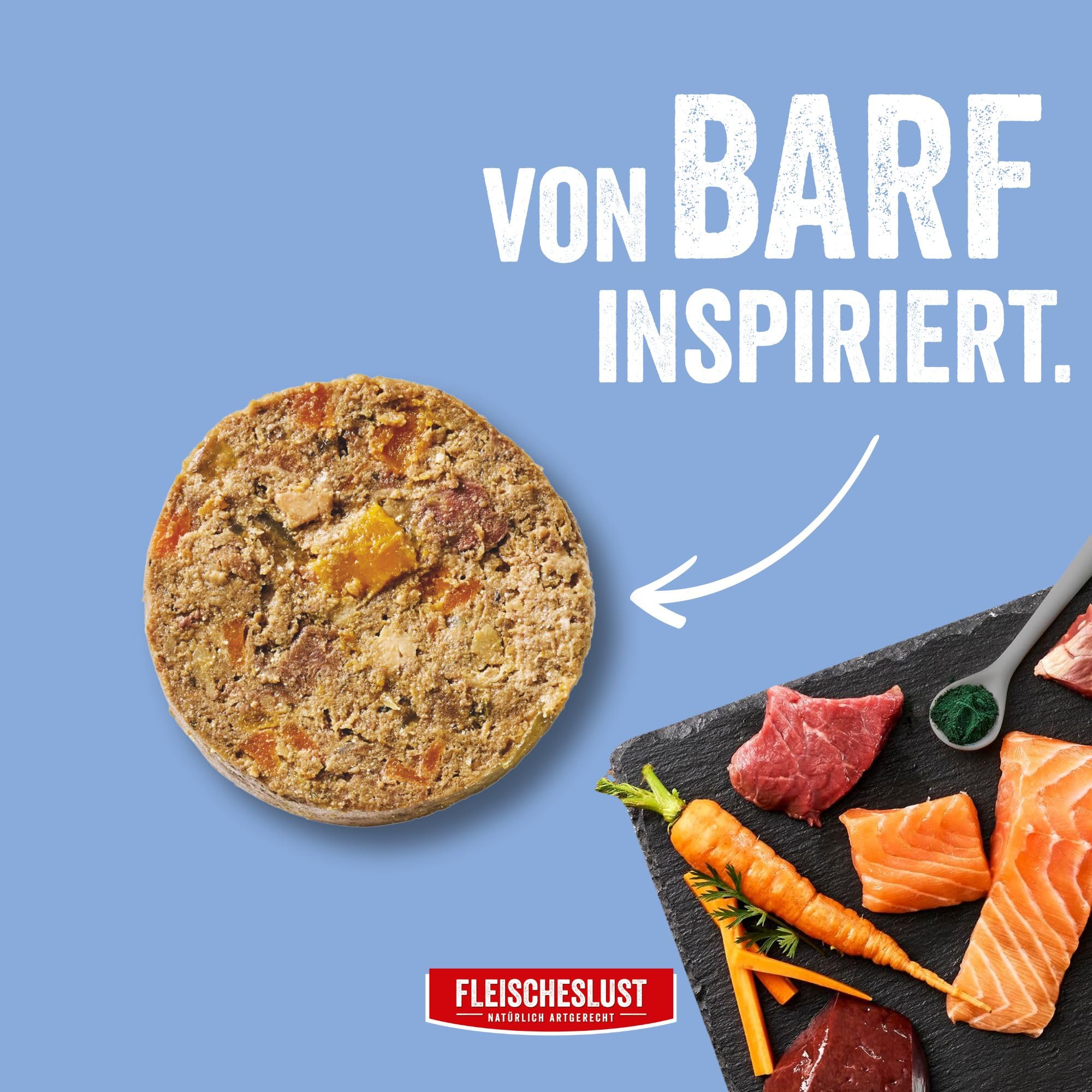 Fleischeslust Salchicha para perros, salmón y ternera con zanahoria, calabaza y espirulina, caja de alimentos (6 x 800 g), comida húmeda, resistente a los cortes, sin cereales, pienso completo para