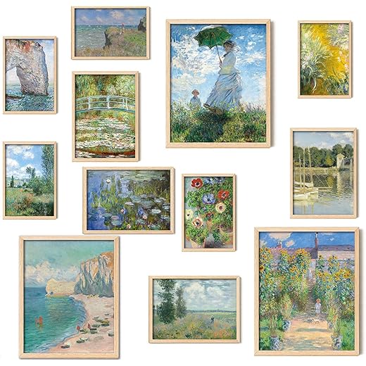 Claude Monet Wall Art, Monet Poster Eclectic Wall Decor, Claude Monet Prints for Wall Decor, Vintage Monet Water Lilies Impressionist Painting, Monet Canvas Artwork Famous Art Prints, Classic Eclectic Monet Gallery Exhibition Poster for Room Aesthetic, Maximalist Decor(Set of 12, Unframed)