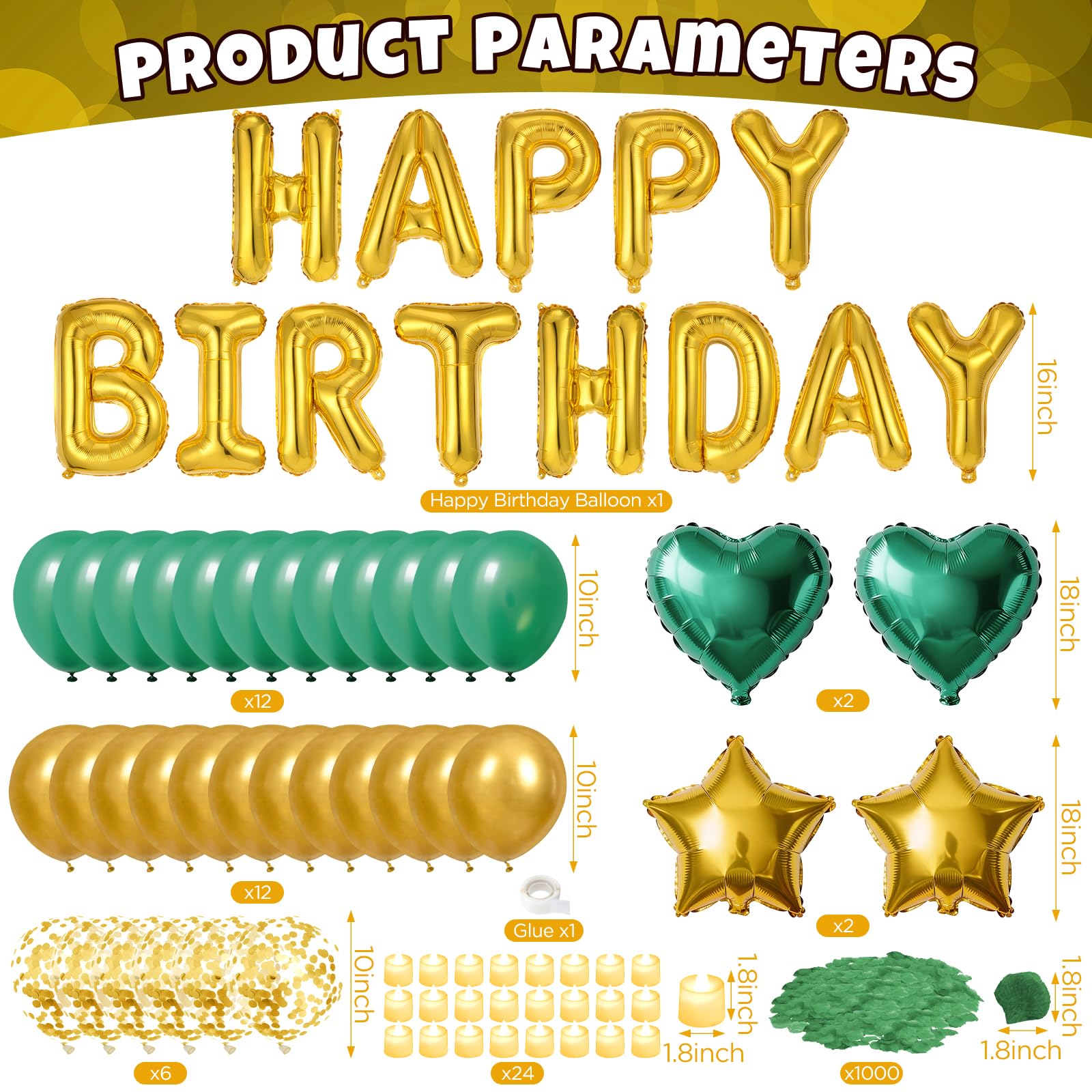 Globos de cumpleaños verdes y dorados, decoración de globos de cumpleaños dorados y verdes con globos de estrella y corazón, 1000 pétalos de rosa artificiales, 24 velas LED sin llama para suministros