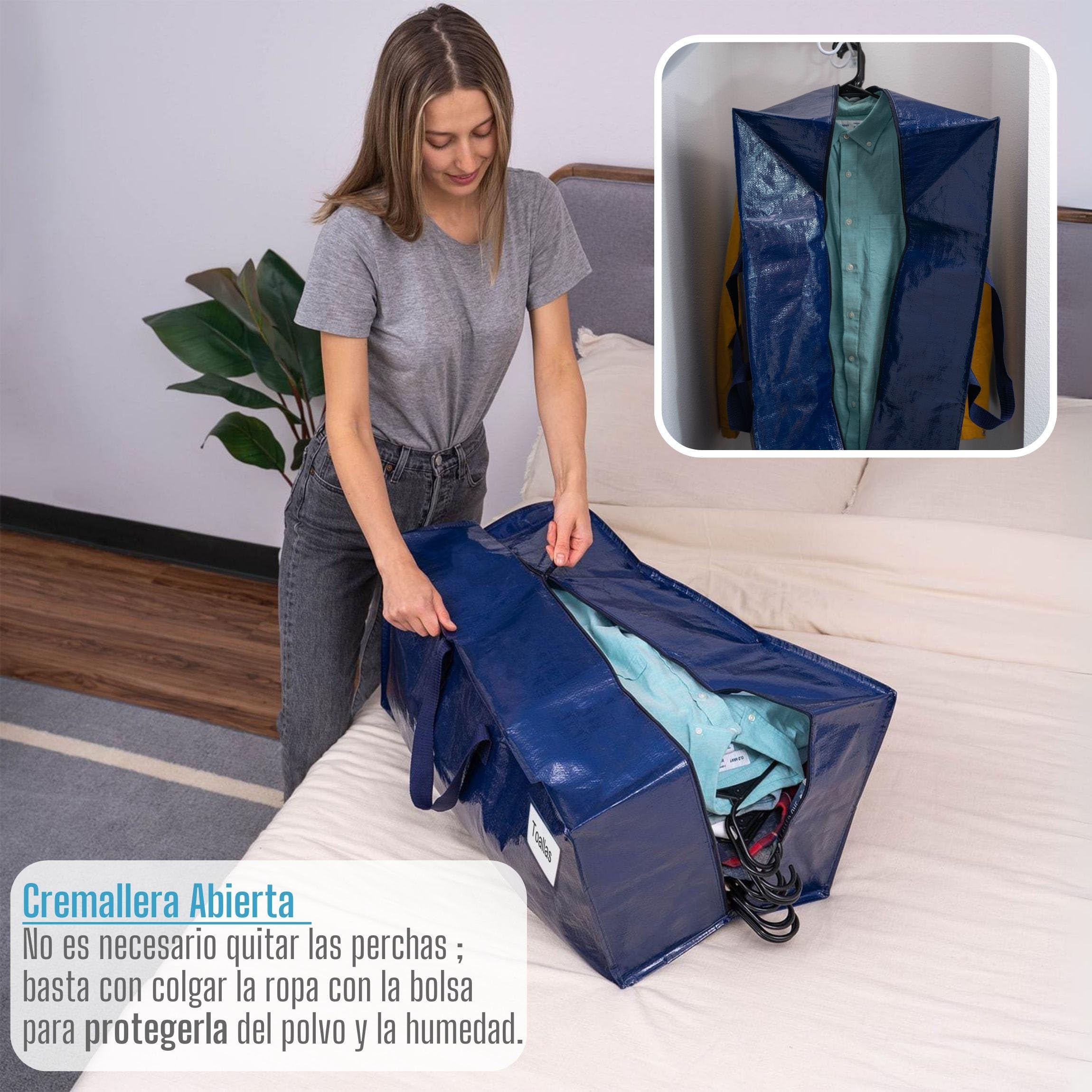VENO Pack de 6 Bolsas de Mudanza, Almacenamiento Extra Grande con Correas de Mochila, Cremalleras y Asas Resistentes, Bolsas de Lavandería para Guardar Ropa y Embalar (Azul, Pack de 6)
