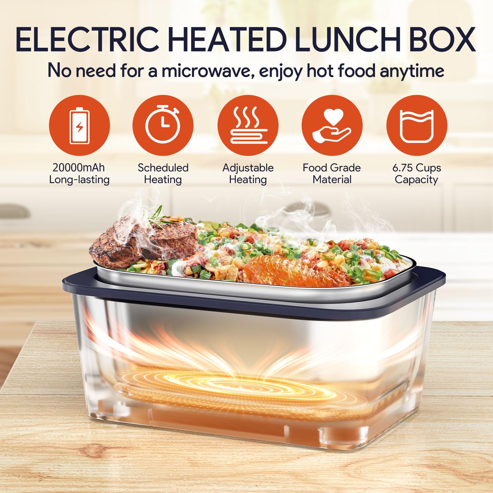 Lonchera eléctrica portátil, que contiene una batería de 20,000 mAh, forro interior de acero inoxidable de 1.6 L y tapa a prueba de fugas, lonchera inalámbrica con calefacción programada para