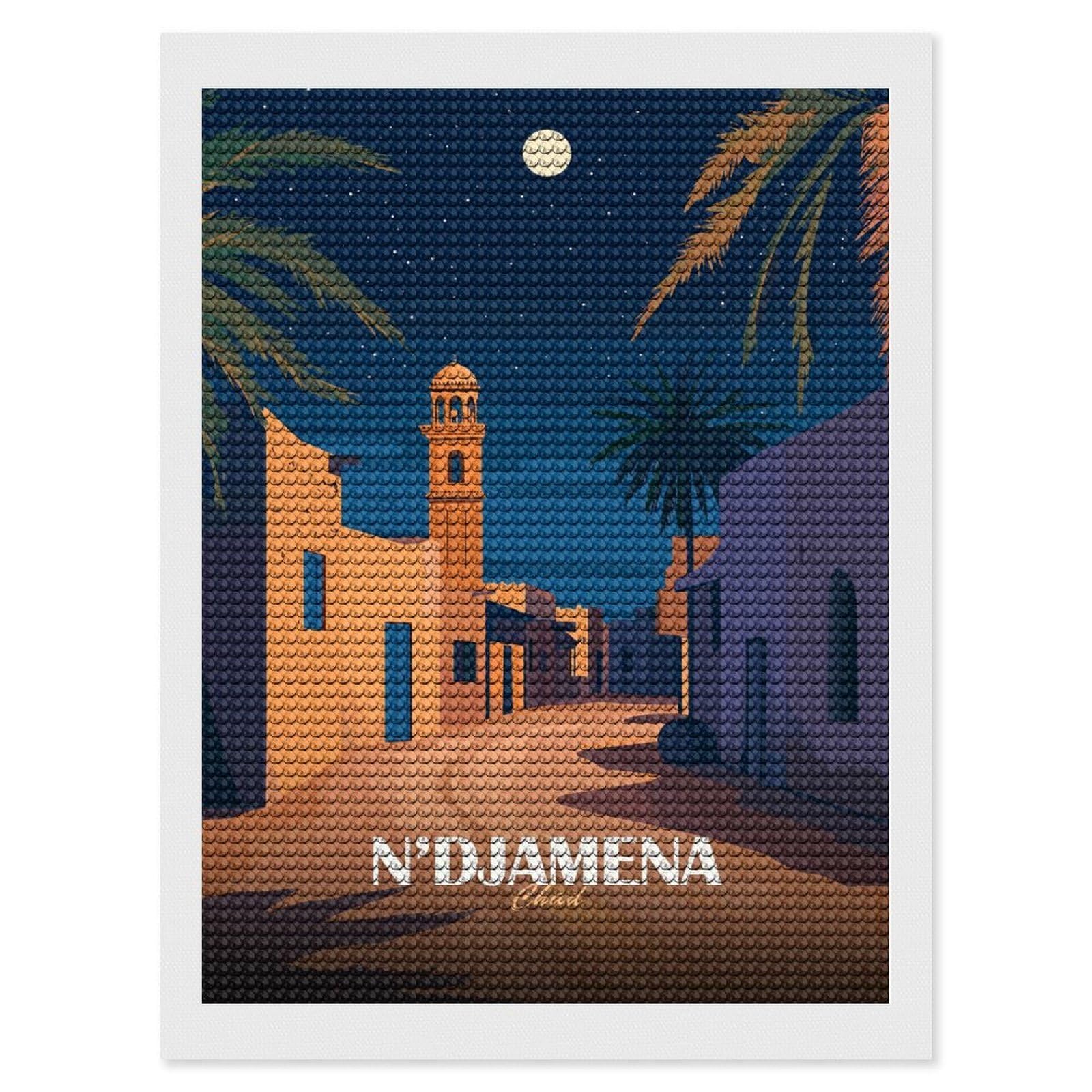 Junmoney NDjamena Chad Nightscape Illustration Diamond Art Canvas 12"x16", for Adults, Printed Canvas, Home Wall Decor, Gift Idea, Mindful Craft Activity