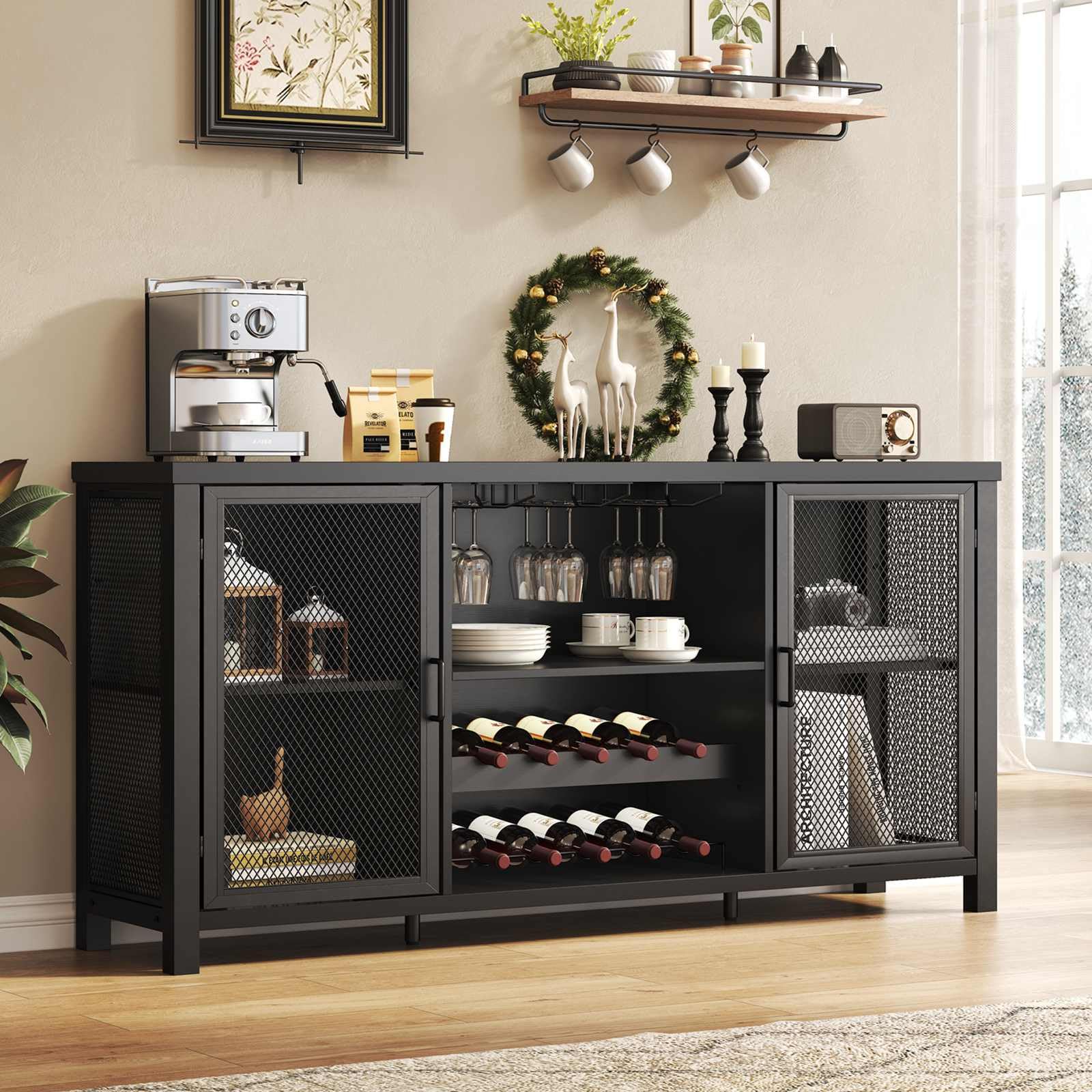 Launica Black Wine Bar Cabinet, Coffee Bar Cabinet with Storage, Farmhouse Kitchen Buffet Cabinets with Rack for Liquor Coffee, Industrial Wine