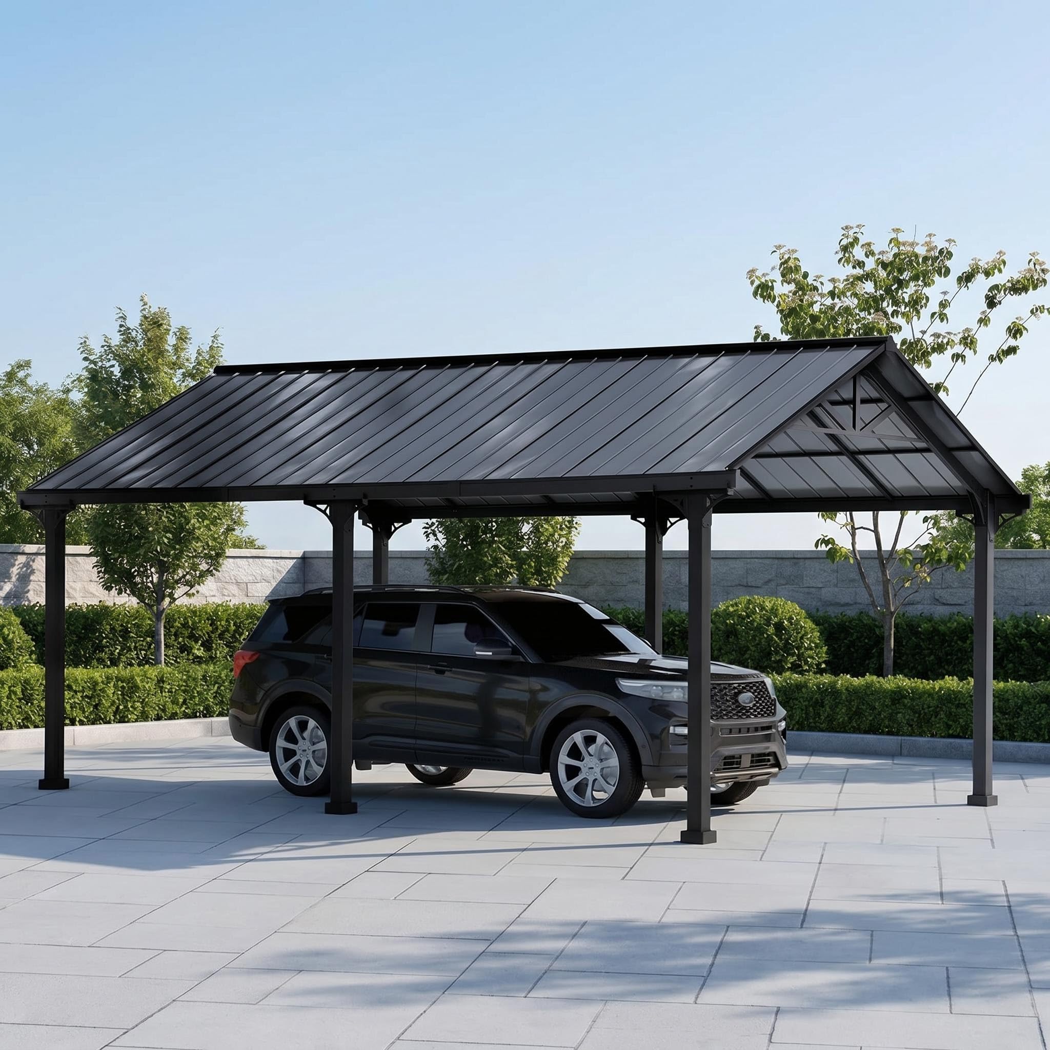 SUNJOY Carport für den Außenbereich, 6,1 x 3,6 m, dickere 10 cm Pfosten, pulverbeschichtetes Stahldach, Robustes Carport, UV-beständig und wasserdicht, Gartenpavillon für SUV, LKW und PKW, Schwarz