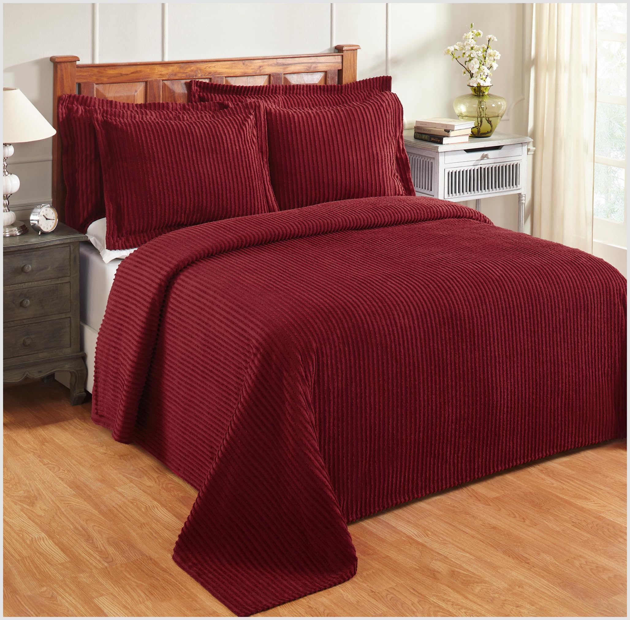 Better Trends Burgundy Full/Double Bedspread, 100% Cotton Tufted - Classic Stripe Coverlet, Soft & Cozy Bedding For All Seasons, Machine Washable - Jullian Collection