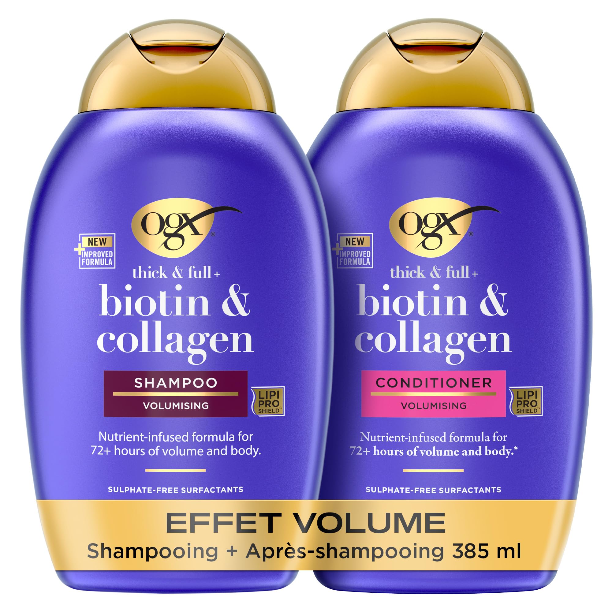 OGX – Shampooing + Après-Shampooing Biotin & Collagen Effet Volume (2 flacons de 385 ml) – Routine de soin cheveux à la biotine et au collagène – Soin capillaire pour 72h de volume