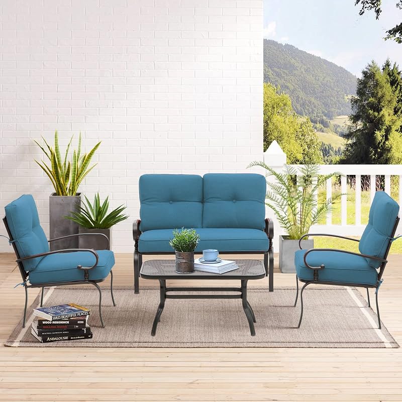 SUNCROWN Juego de 4 muebles de metal para exteriores, para conversación en patio, sofá de dos plazas, 2 sillas de comedor y mesa de centro para jardín, porche delantero, cojines azules