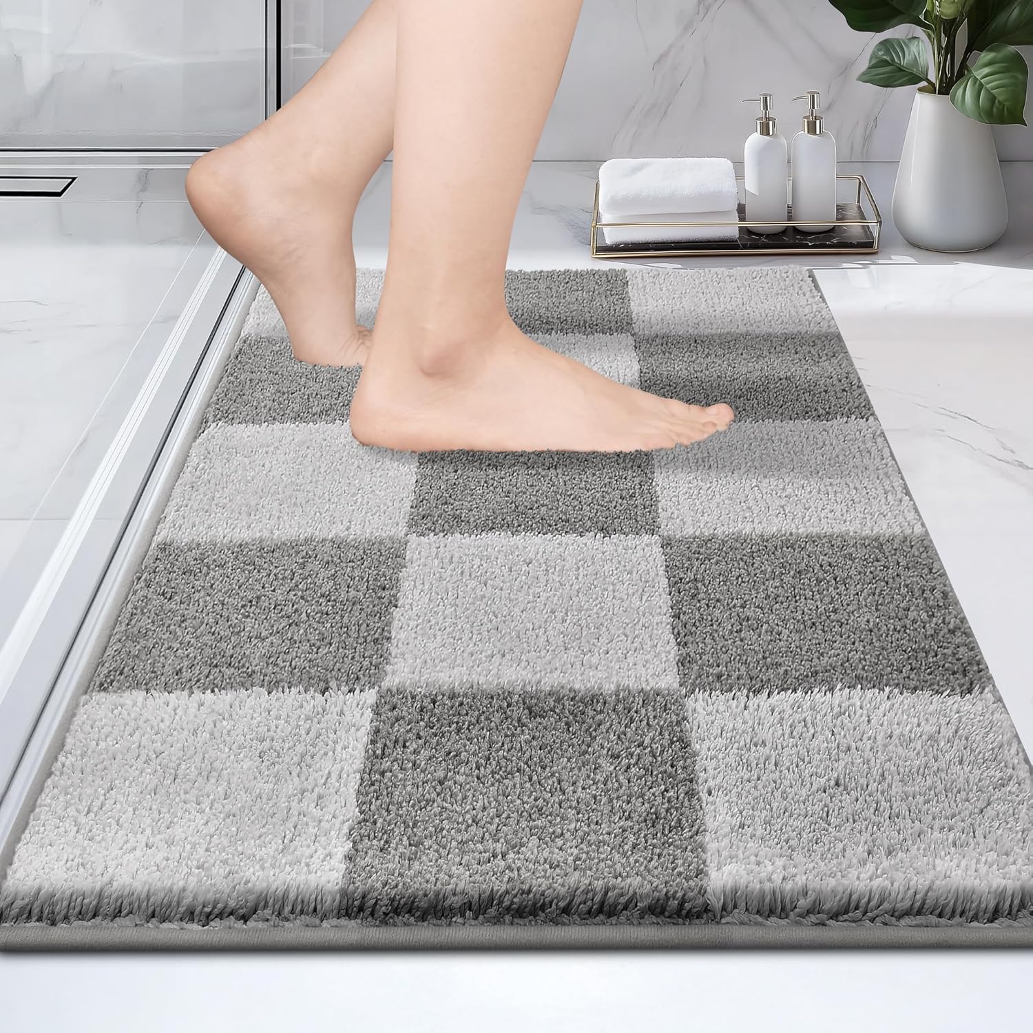 PURRUGS Bathroom Rug Non-Slip Machine Washable 20" x 30", Super Absorbent and Quick-Dry Bath Mat, Extra Soft and Plush Bath Rug for Shower, Bathtub and Sink, Light Grey & Grey